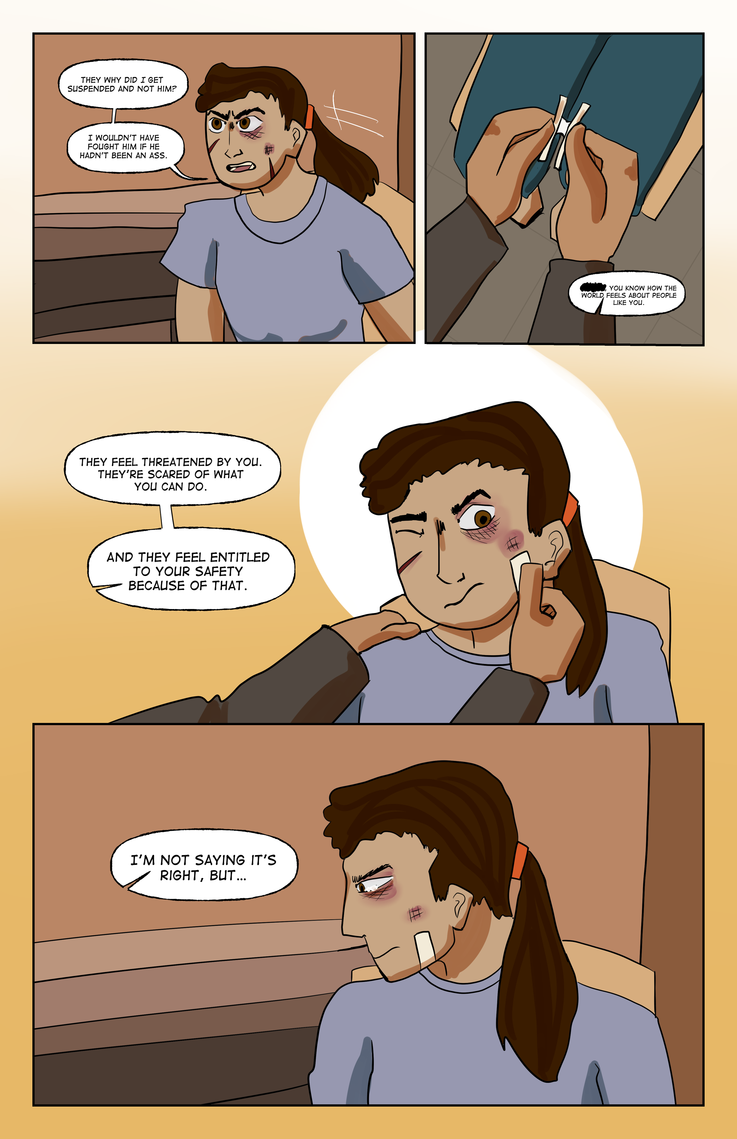 A comic strip showing a woman with long brown hair, bruised face, and wearing a blue shirt, sitting and talking to a person off camera. The woman is pondering why she was suspended and mentions fighting someone. The comic includes close-up panels of 