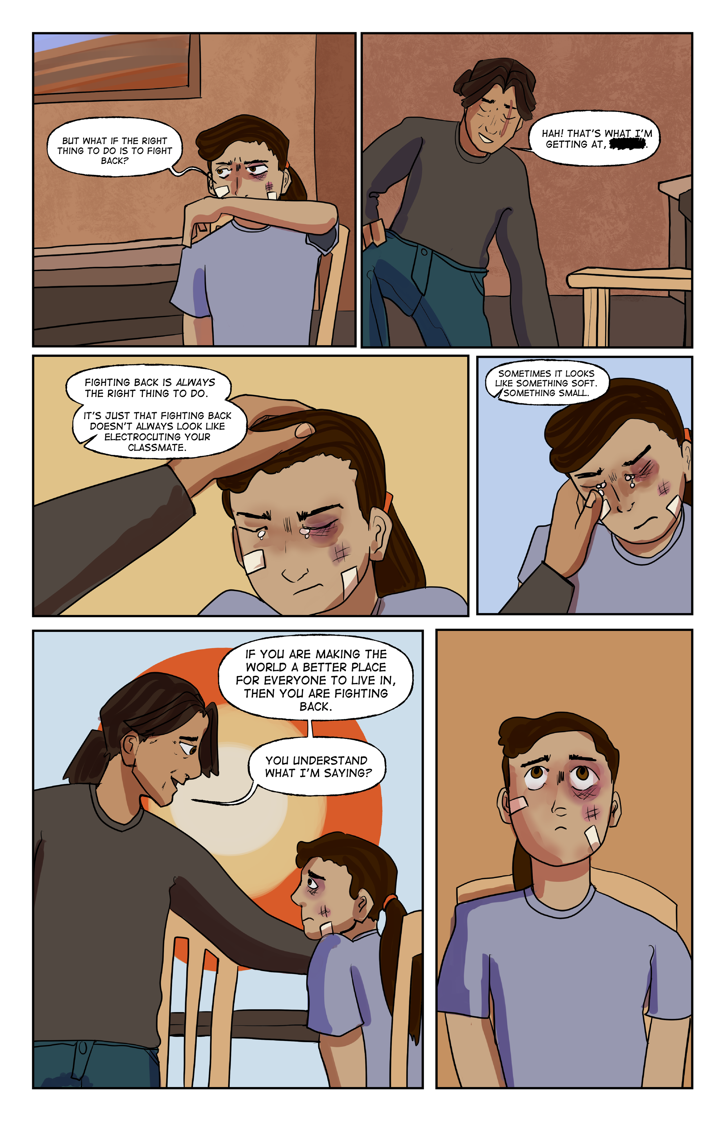 A comic strip showing a girl with bruises and bandages talking to a guy with an injury. They discuss fighting back and making the world a better place.