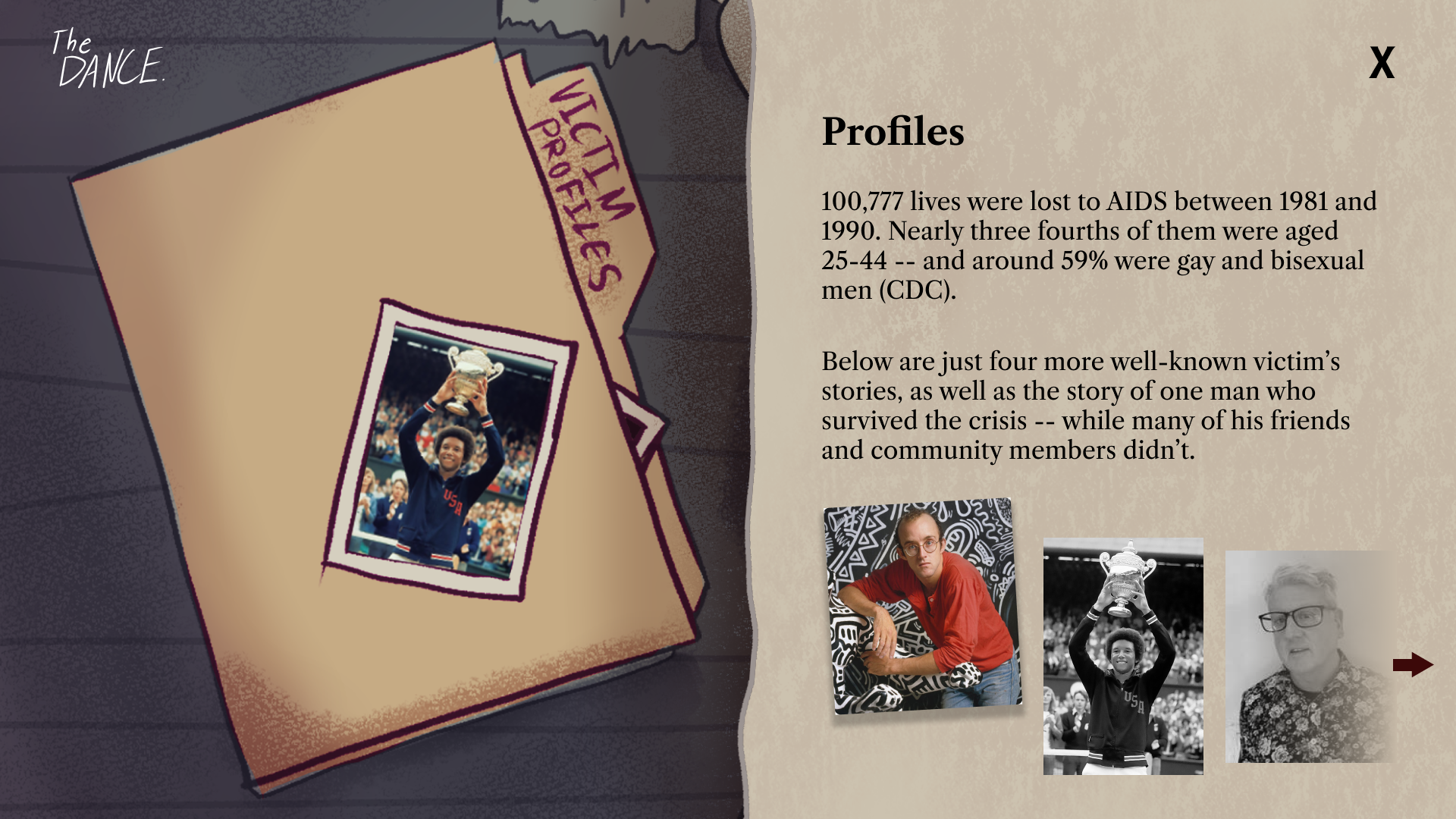 A digital illustration featuring a photo of a young man holding a trophy, surrounded by vintage photos of people, with a section of text discussing HIV/AIDS statistics between 1981 and 1990.