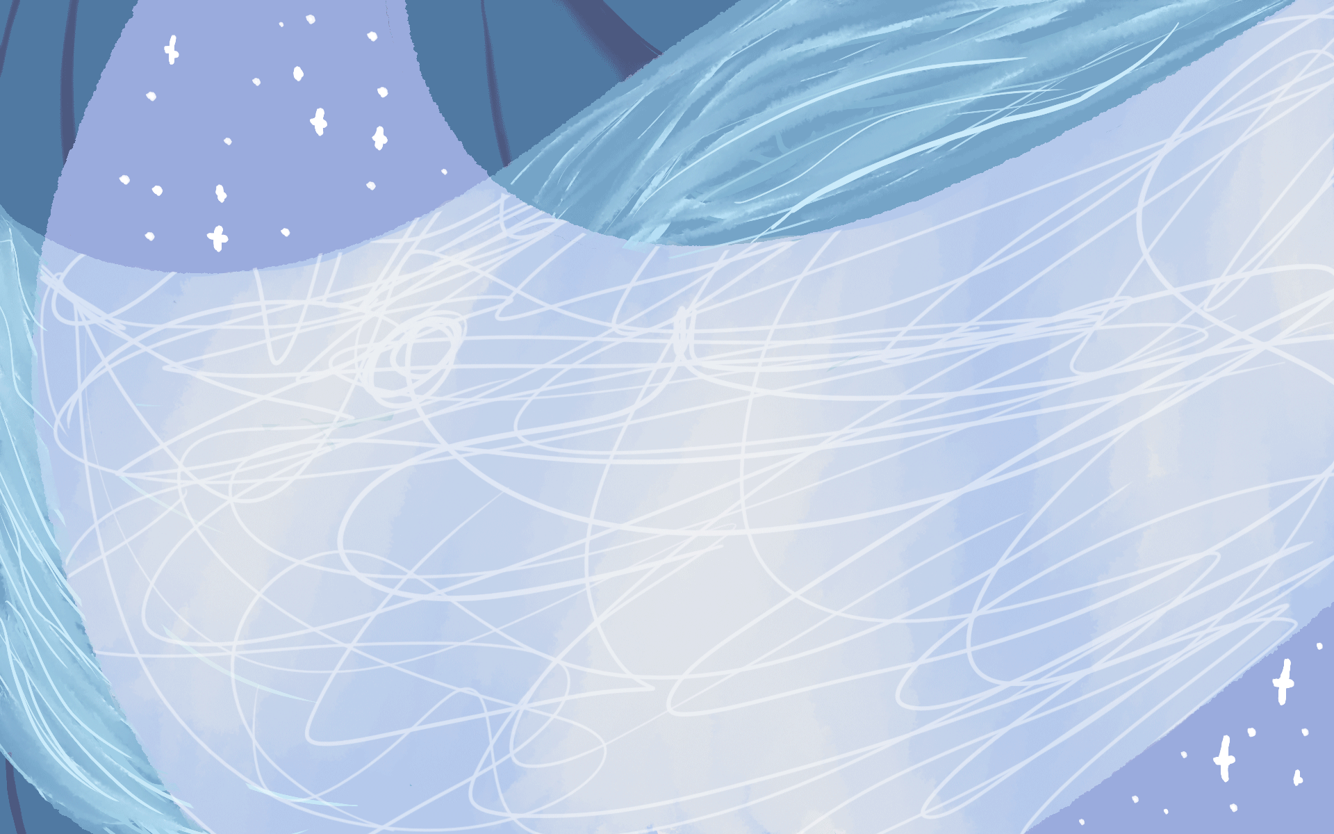 Abstract digital artwork with swirling blue and white lines, star-like dots, and wave-like shapes.
