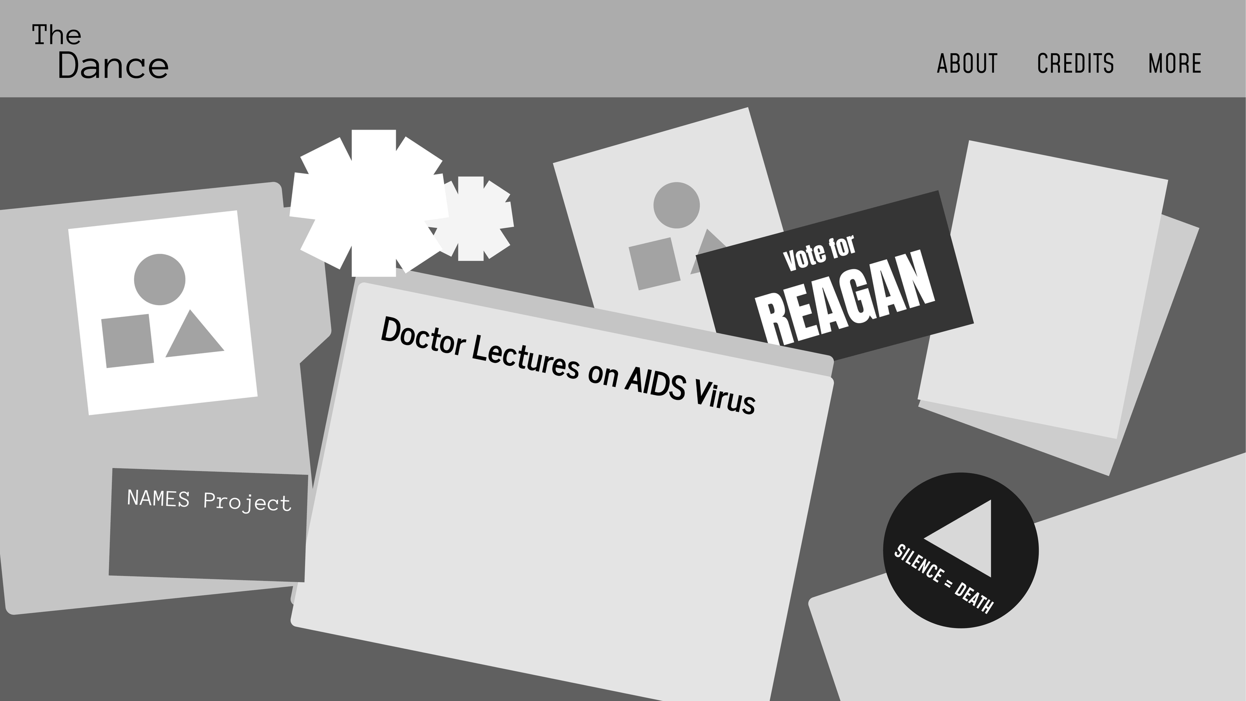 A grayscale collage featuring various protest signs and buttons, including one that says 'Vote for REAGAN' and another that reads 'Doctor Lectures on AIDS Virus,' with a background menu showing links to 'ABOUT,' 'CREDITS,' and 'MORE.' Another sign references the NAMES Project, and a button for 'SILENCE = DEATH' is also visible.