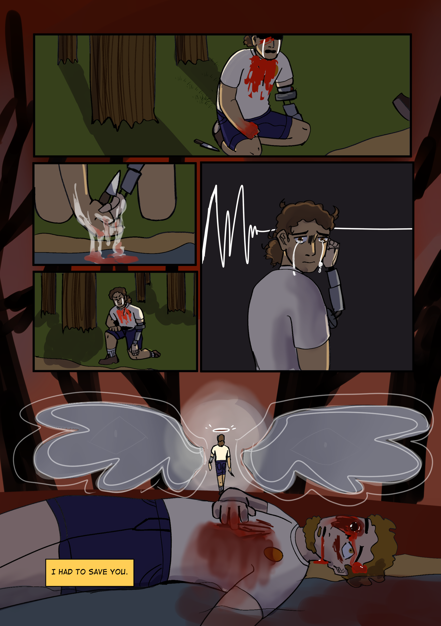 A comic scene with a man kneeling on the ground, injured and bleeding, in a forest, holding a bloodied knife. In the next panel, he is pouring liquid into a river. The third panel shows a stylized brain wave pattern. The fourth panel portrays a woman