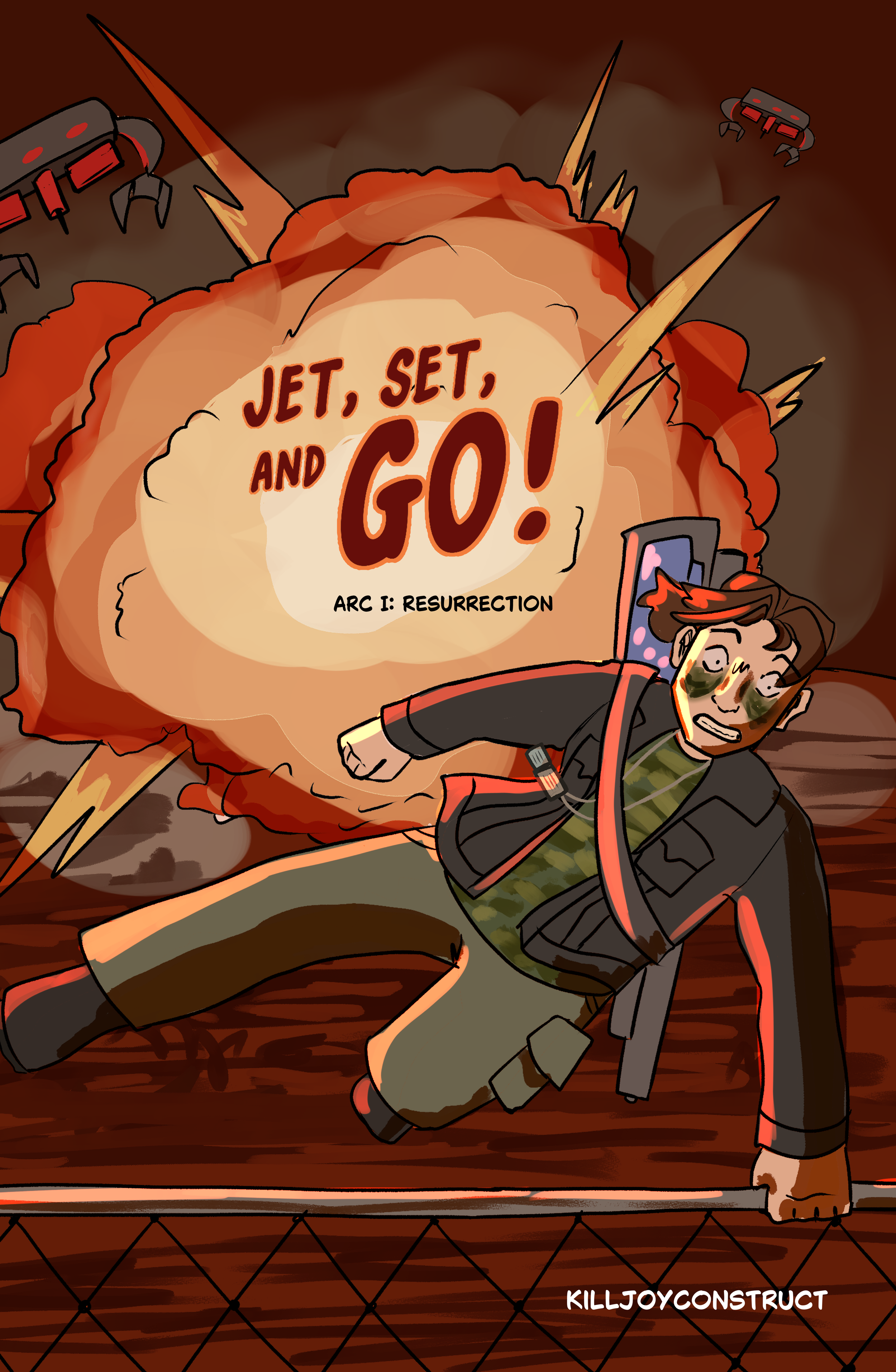 A cartoon soldier is falling backward after an explosion, with smoke and fire in the background. The explosion appears to be caused by missiles or rockets. The soldier looks surprised and is wearing military gear. The artwork has a bold, comic style 