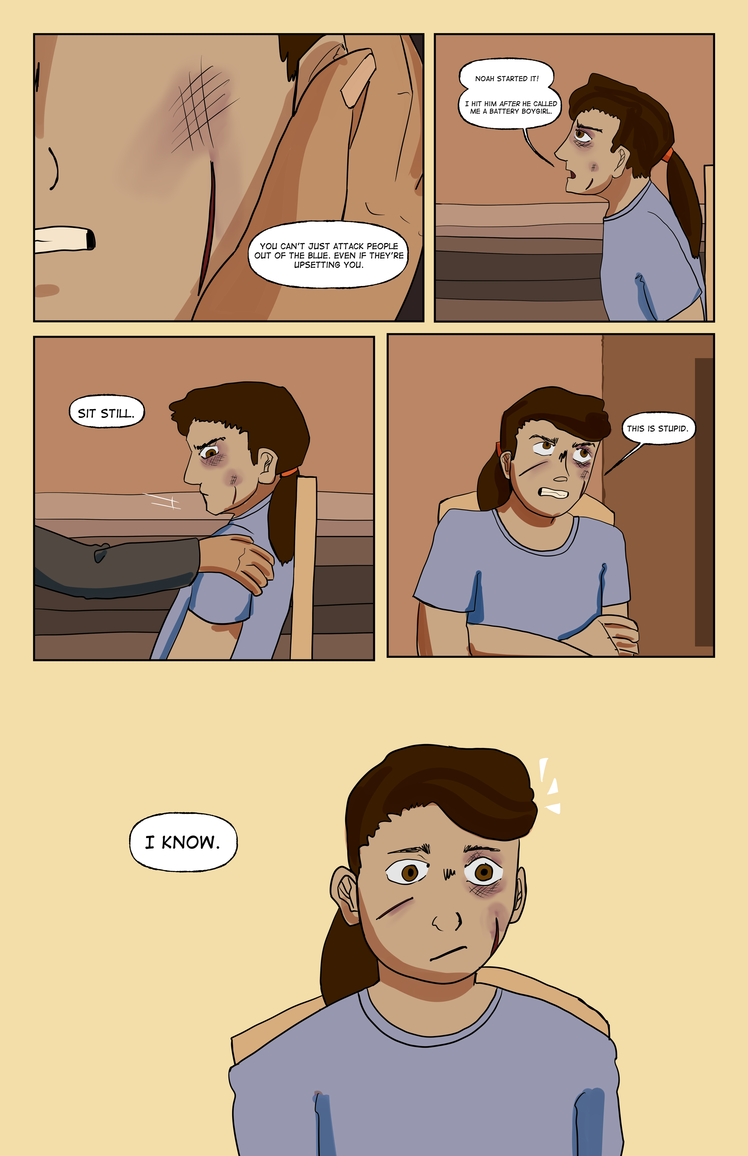 A comic strip featuring a young girl with brown hair, frustration and bruises, sitting with an older person. The girl is upset, saying 'This is stupid,' with a look of annoyance. The older person, with a serious expression, is telling her to sit stil