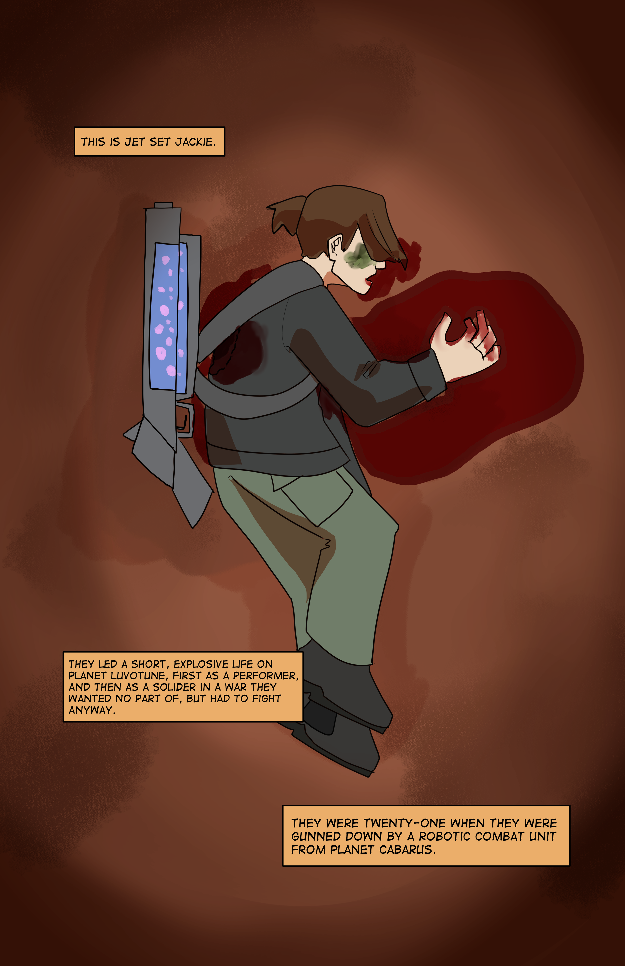 A person with brown hair, gray glasses, and green pants, wearing a jet pack emitting purple exhaust, is in a dark, smoky environment. The person has burn marks on their face and a dark red stain on their shirt, and appears to have been injured or inv