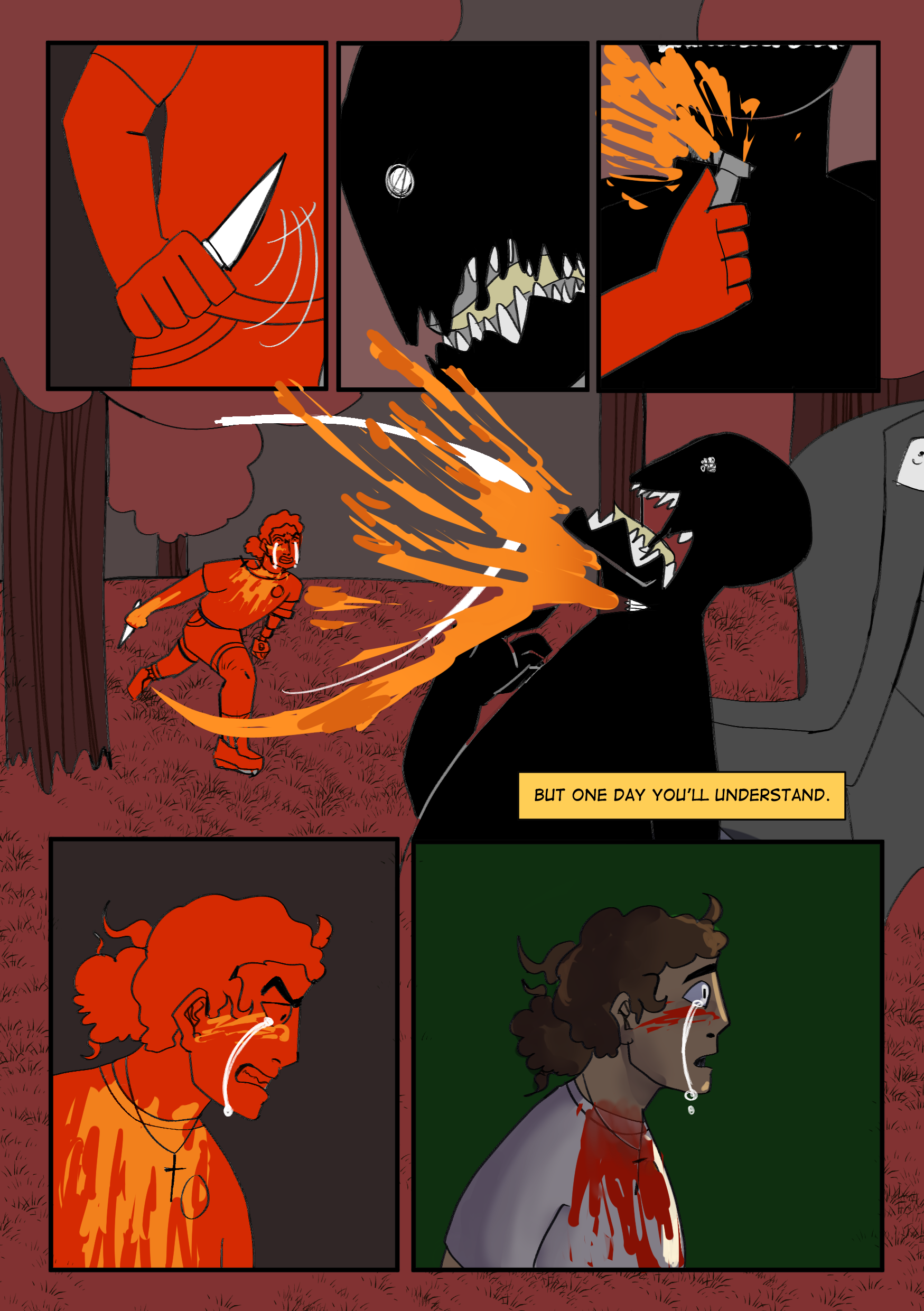 A comic book scene showing a dark room filled with trees and grass. Three characters are depicted with blood on their faces and clothing. The character in the foreground, with curly red hair and a nose bleeding, is wearing an orange shirt and a cross