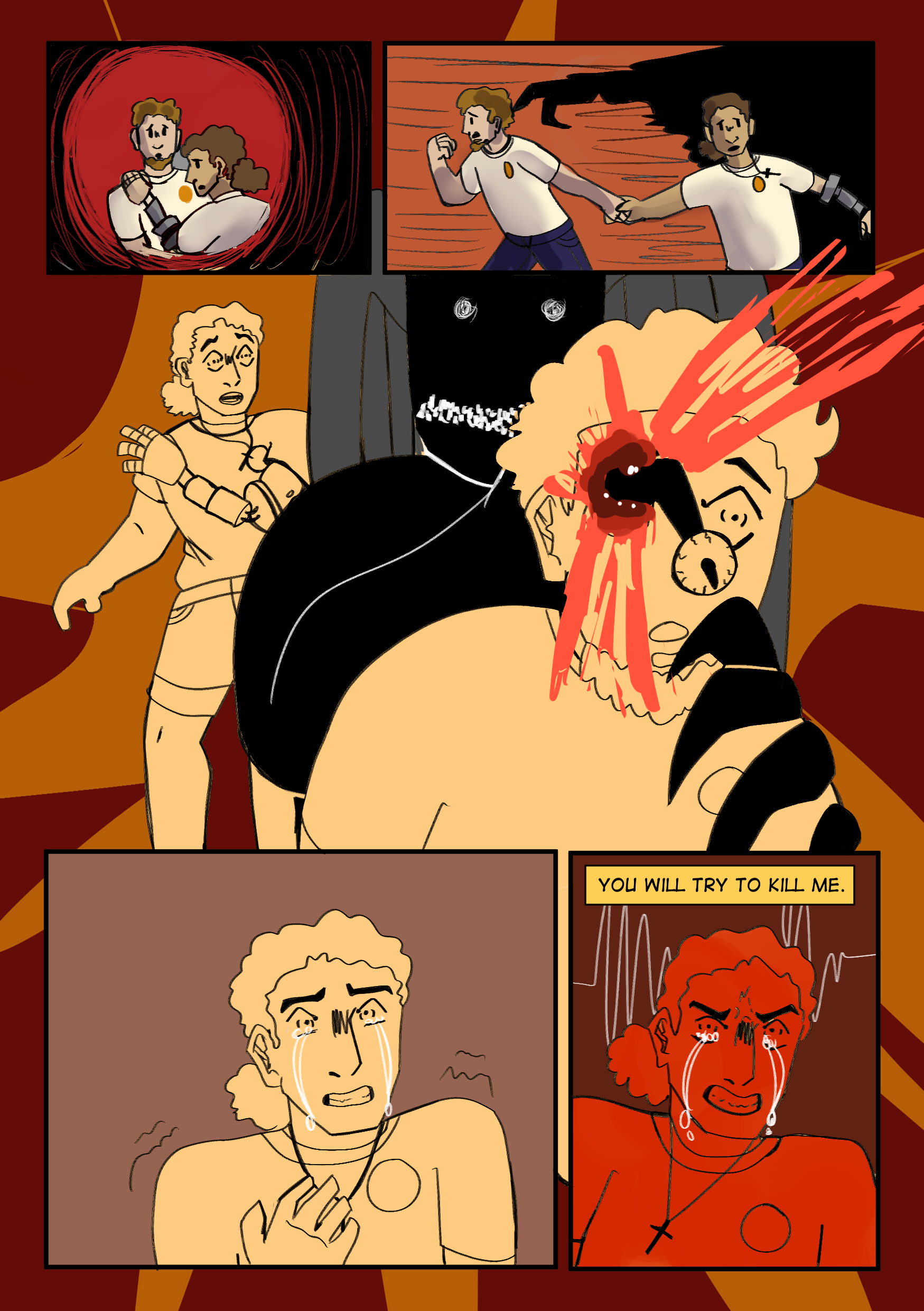 A comic strip depicting a scene of violence. In the first panel, two characters hold hands in a dark swirl. In the second panel, two characters run away holding hands against an orange background. In the third panel, a character with glasses and tear