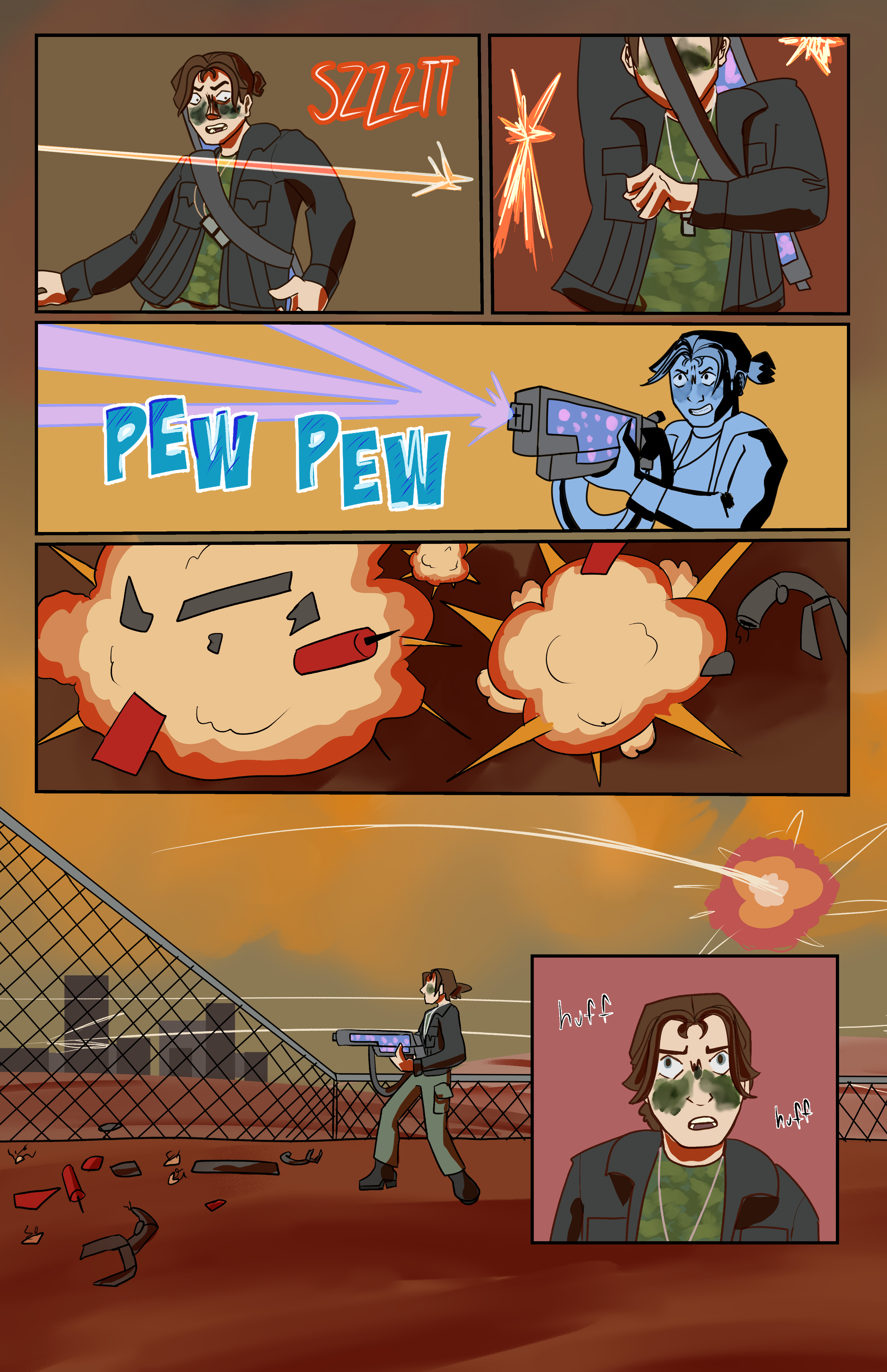 Comic strip featuring a person shooting a laser, getting hit by sparks, and firing a gun, with explosions and debris, and a person behind a fence reacting with fear.