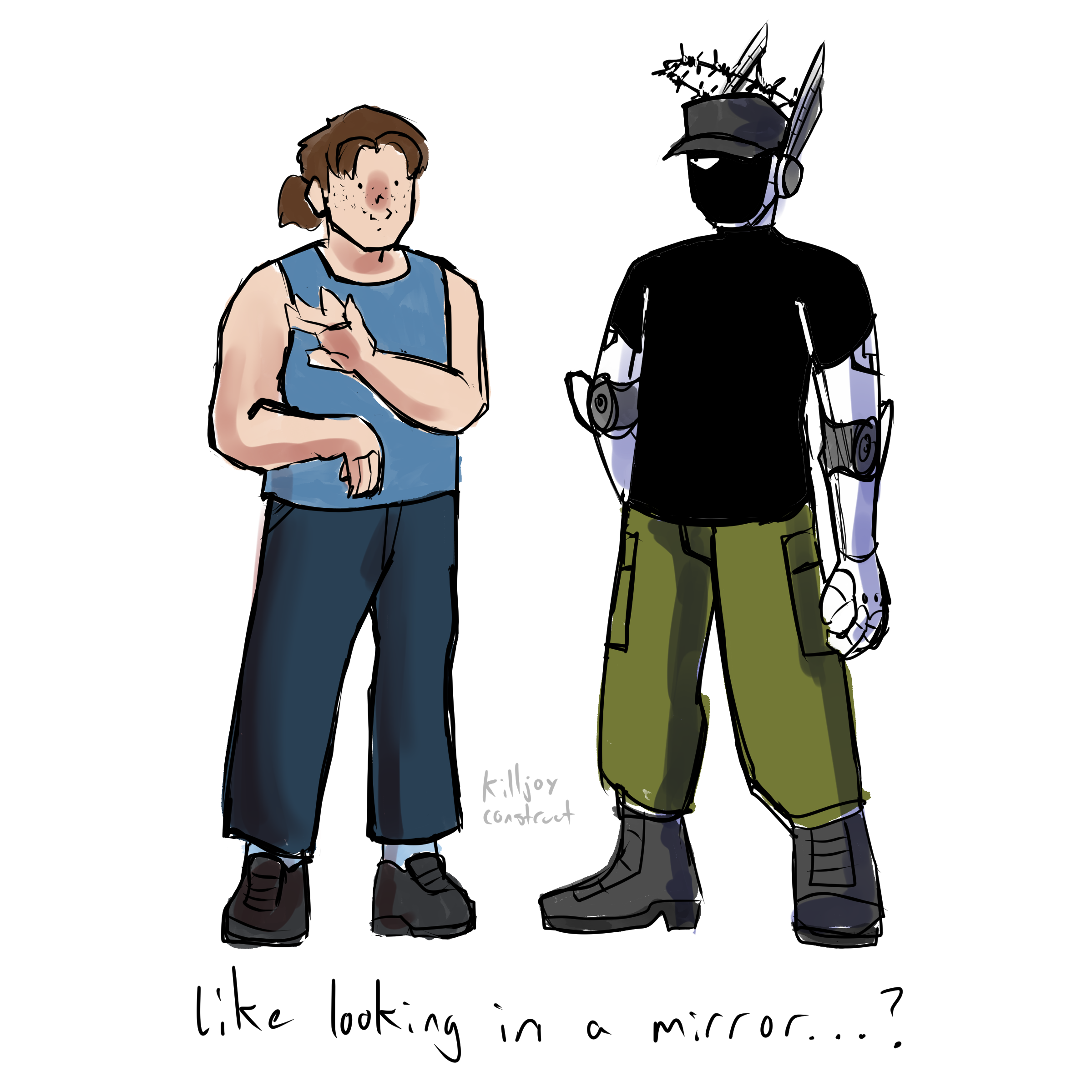 Illustration of a person with short brown hair, freckles, and wearing a blue tank top and black pants, looking at a mirror with a robotic figure with a black mask, cap, green pants, and mechanical arms, with handwritten text below saying, 'like looking in a mirror...'