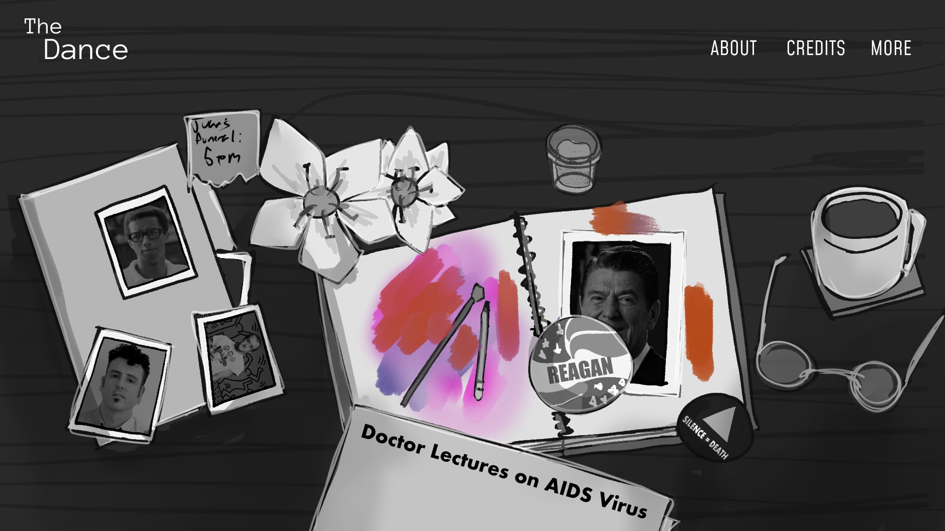 A desk with photos of Ronald Reagan, flowers, a notebook with color swatches and paintbrushes, a cup of coffee, and a note about a lecture on AIDS Virus.
