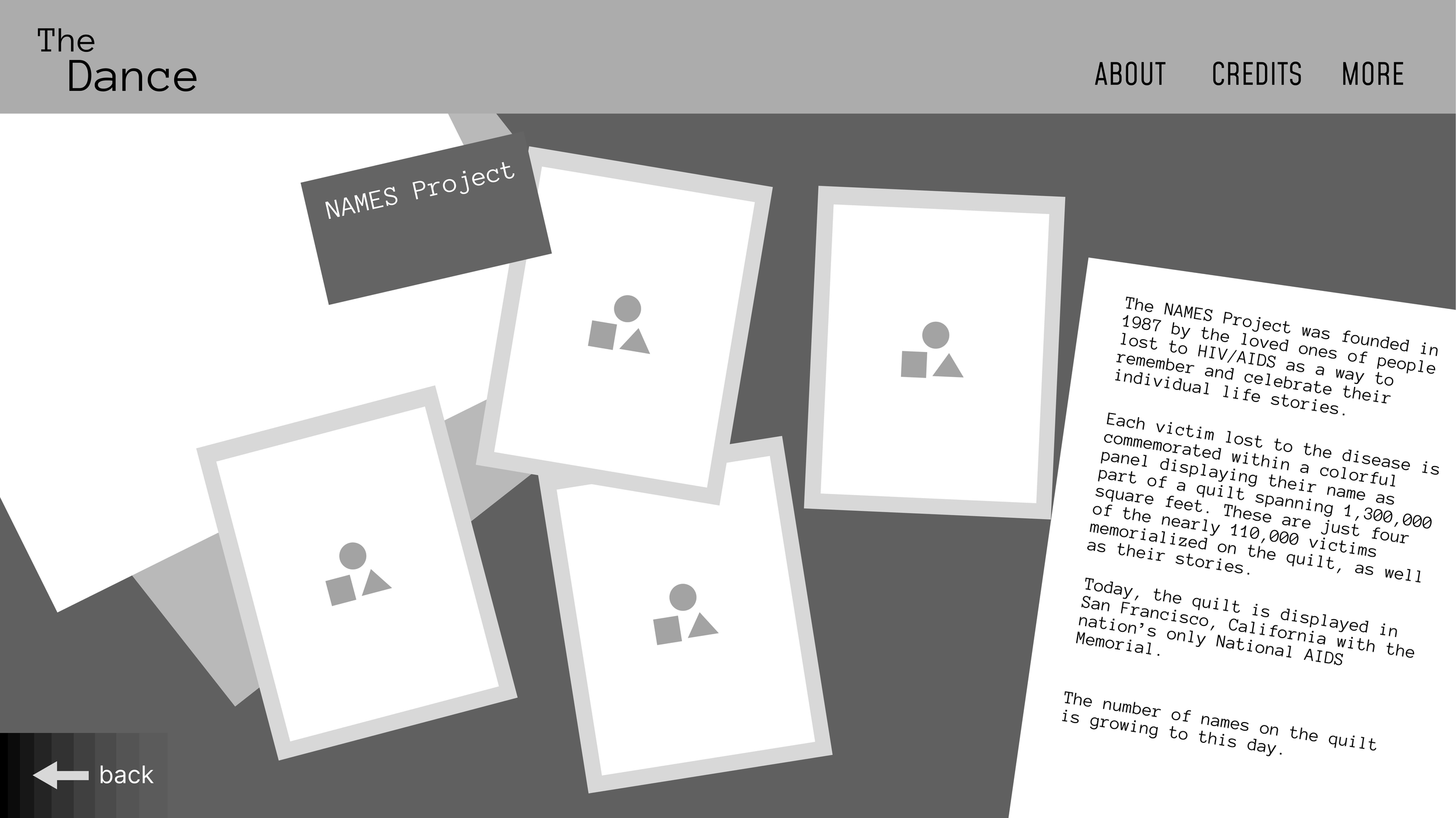 Screenshot of a website about the NAMES Project, showing informational text about AIDS memorial quilts, with sections labeled 'ABOUT,' 'CREDITS,' and 'MORE,' and featuring several white and gray photo placeholders with icons indicating photos.