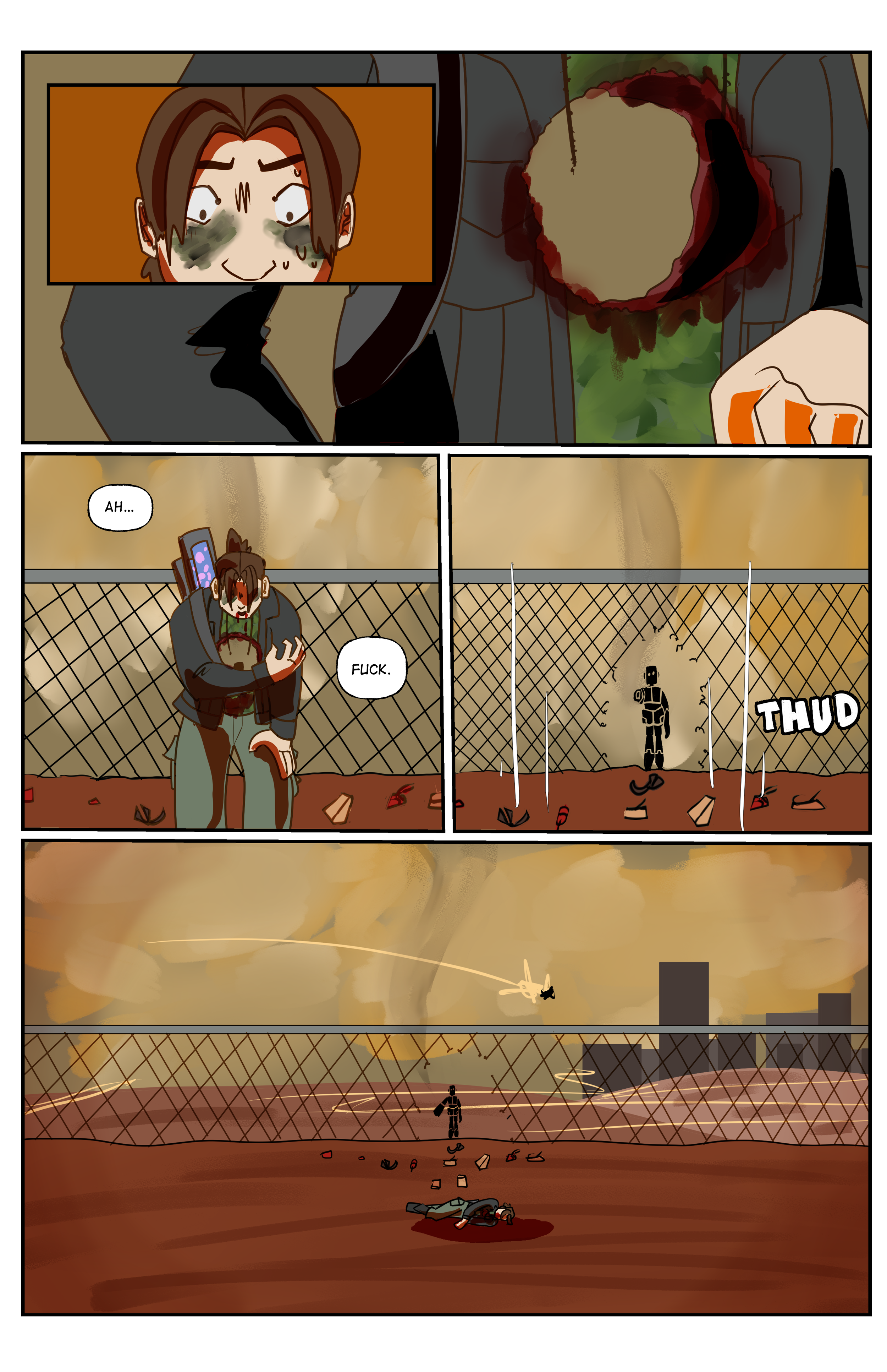 A comic strip depicting a person with black eyes and dark makeup, holding a bleeding object and appearing distressed. They are in a fenced area, with debris and a fallen body nearby. A robot is flying away in the background, leaving a trail of smoke 