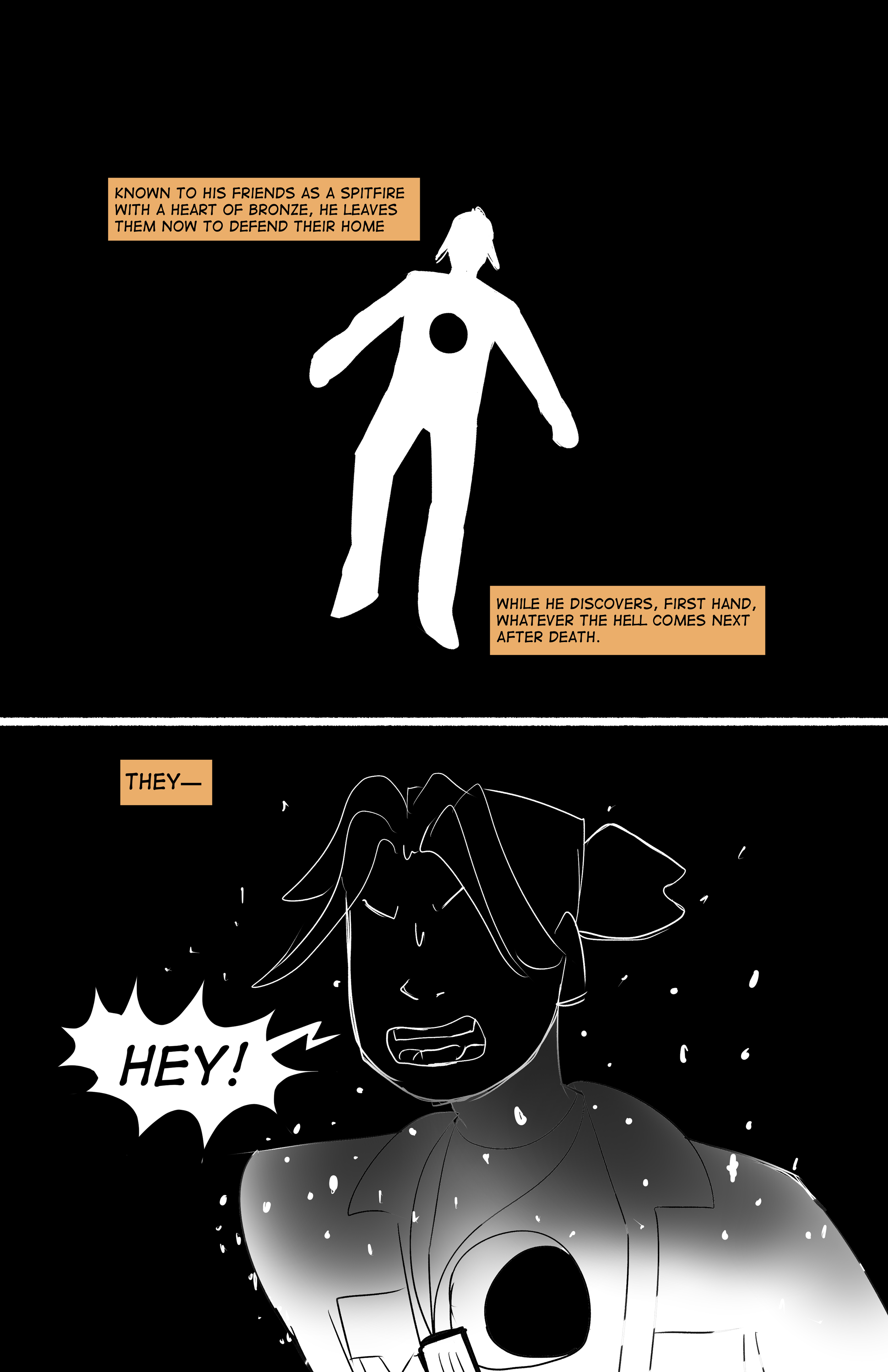 A comic-style illustration of a character with a helmet and armor, holding a guitar, with a determined expression saying 'HEY!'. The panel contains narrative boxes describing the character as a mythical creature known as a Spitfire with a bronze hear