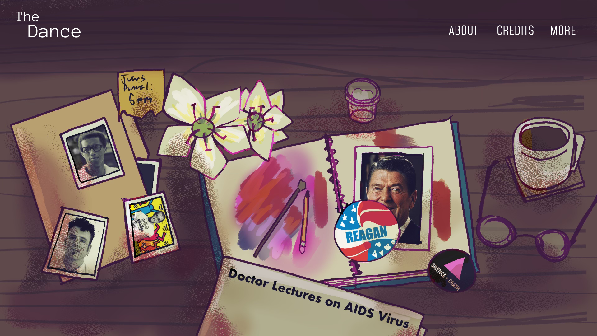 A desk with a photo album, a booklet titled "Doctor Lectures on AIDS Virus," a large photo of Ronald Reagan with an American flag button, a small glass of water, a cup of coffee, and scattered photographs, some depicting young men.