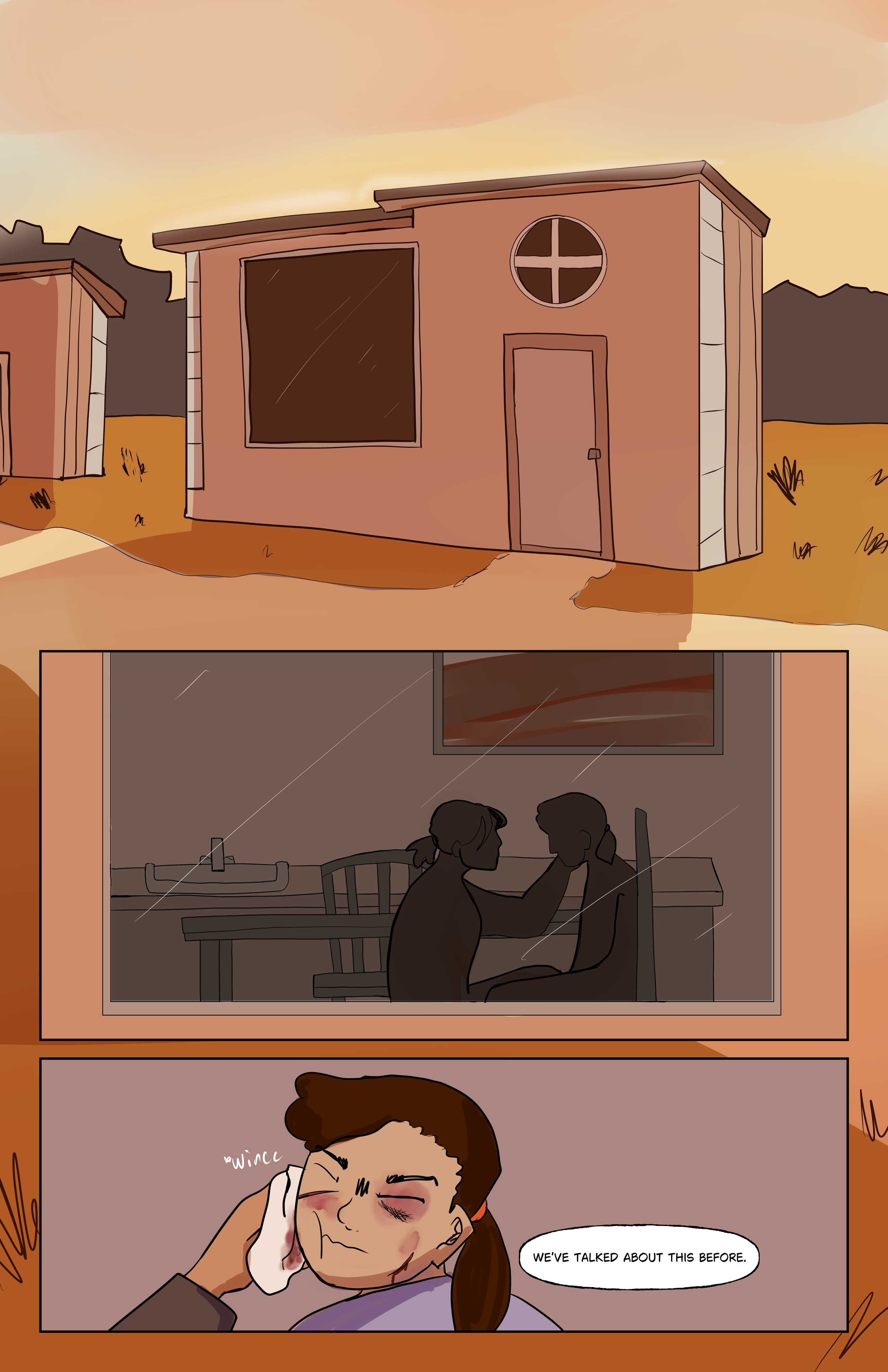 A comic strip showing three panels. The first panel depicts a desolate house at sunset with a round window and a door, surrounded by a barren landscape with a mountain in the background. The second panel shows a woman comforting a girl with injuries,
