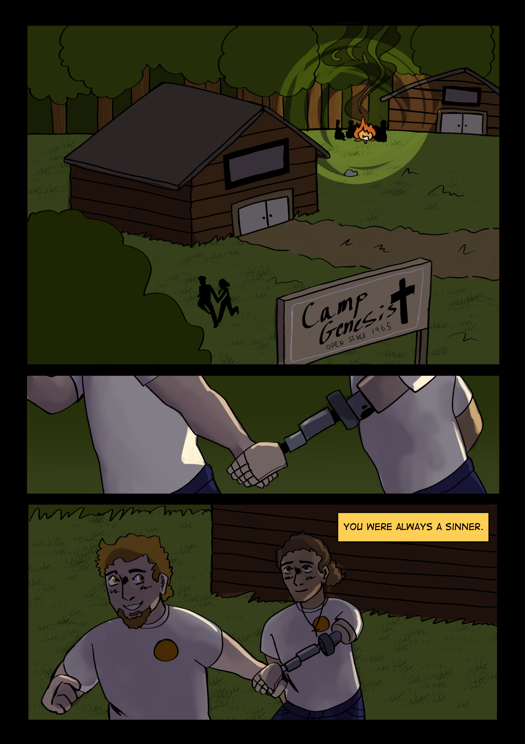 Two men shake hands in front of a wooden camp building at night, with a campfire burning and trees in the background. A sign reads "Camp Gnosis; open since 1965." The scene suggests reconciliation or forgiveness.