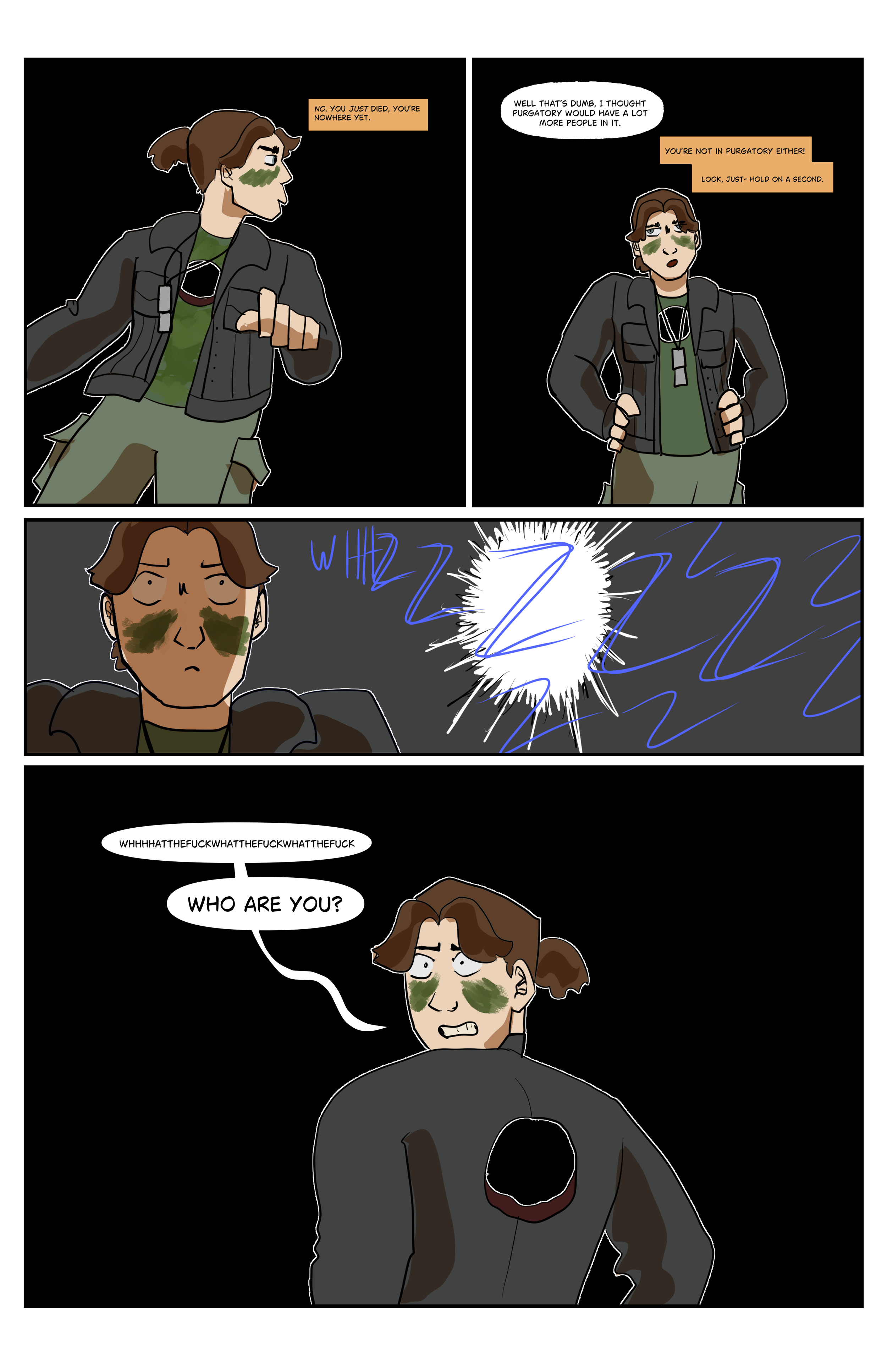 A comic strip depicting a woman with green face paint, dressed in tactical gear, confronting a figure in a dark hooded outfit. The woman appears confused and alarmed, asking the figure, "Who are you?" after a sudden, intense burst of lightning or ene