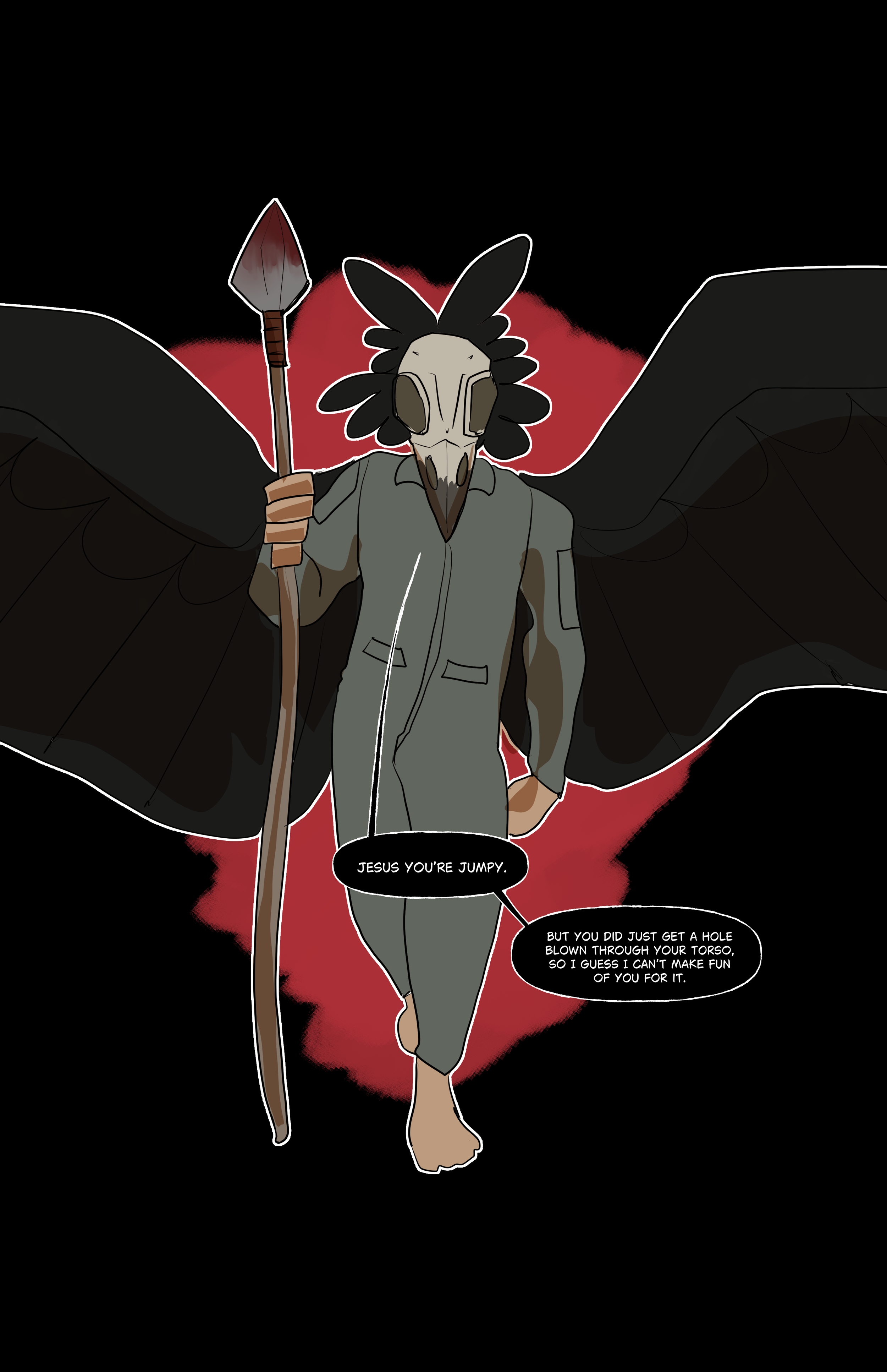 A digital illustration of a humanoid figure with a bird skull mask and dark wings, holding a spear, wearing a gray suit, and walking barefoot. The background is black with a red glow behind the figure. Two speech bubbles contain the text: "Jesus you'