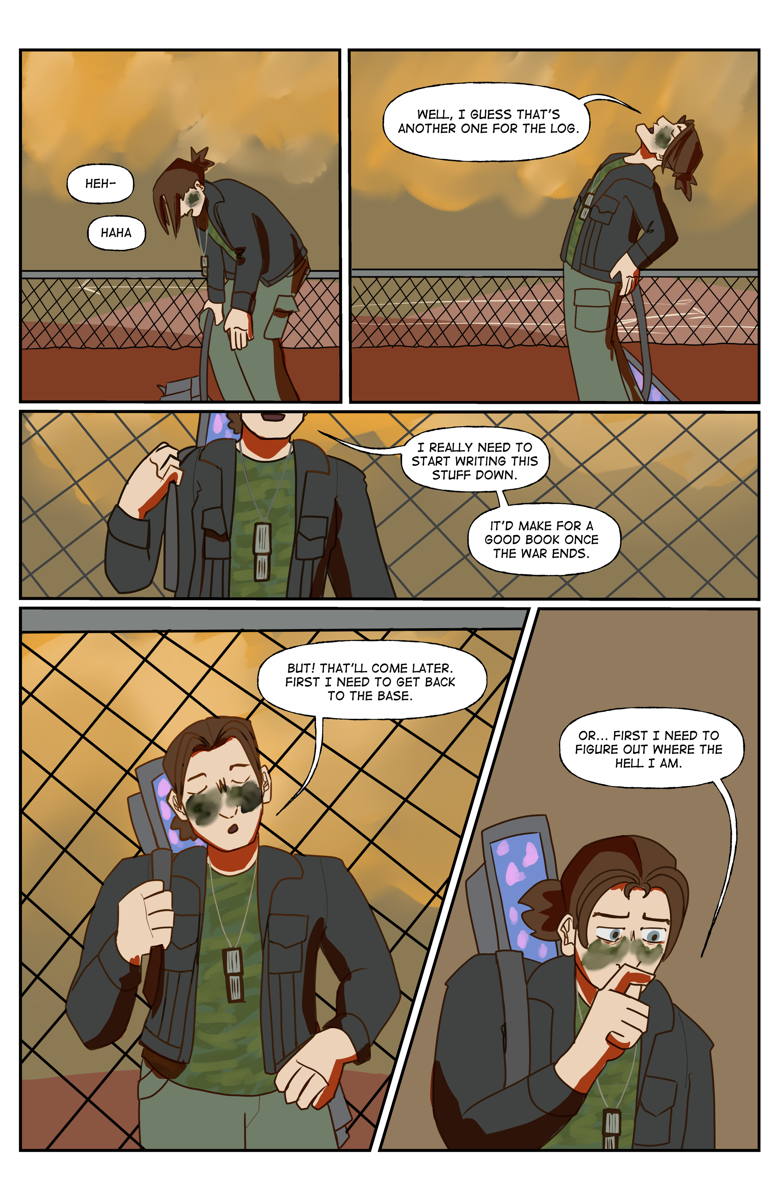 A comic strip featuring two characters in military-style clothing having a conversation. The background shows a cloudy sky and a chain-link fence. One character with glasses is holding a cellphone and wearing dog tags, while the other has sunglasses 
