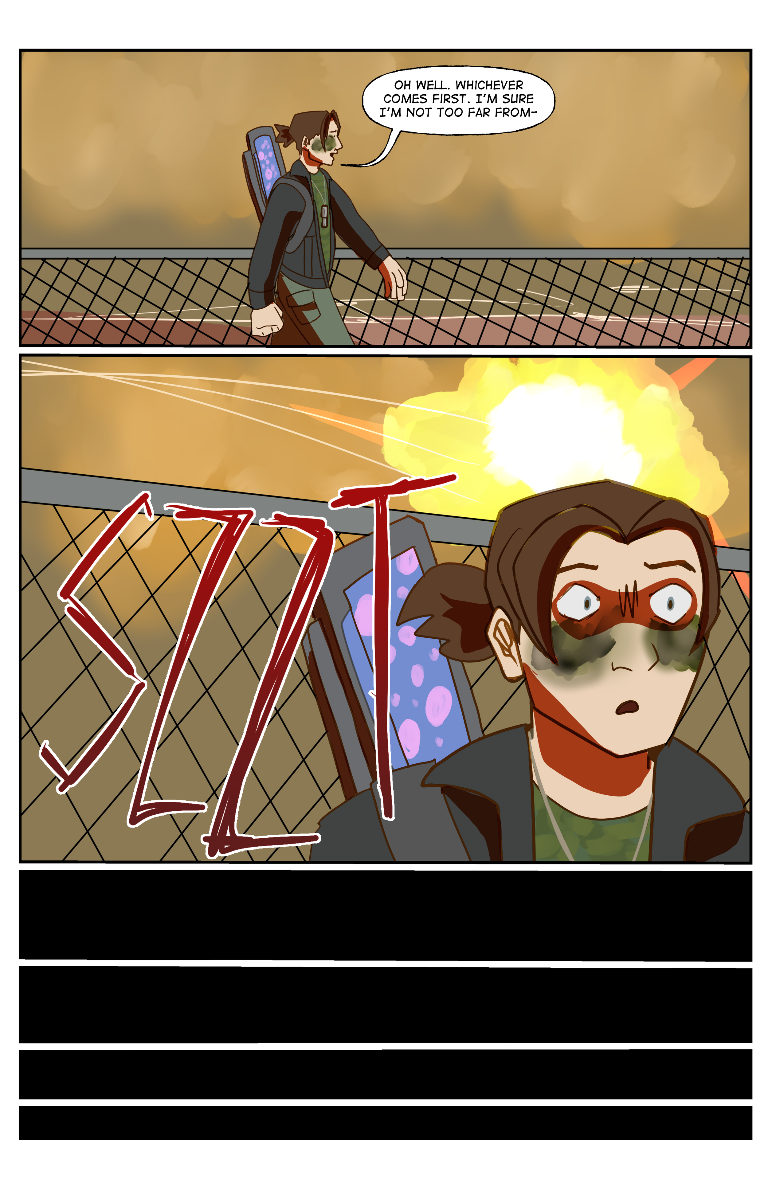 Comic panel showing a person with dark hair, glasses, and face paint, walking on a bridge or fence with an explosion in the background. The person has a backpack and looks surprised or shocked.