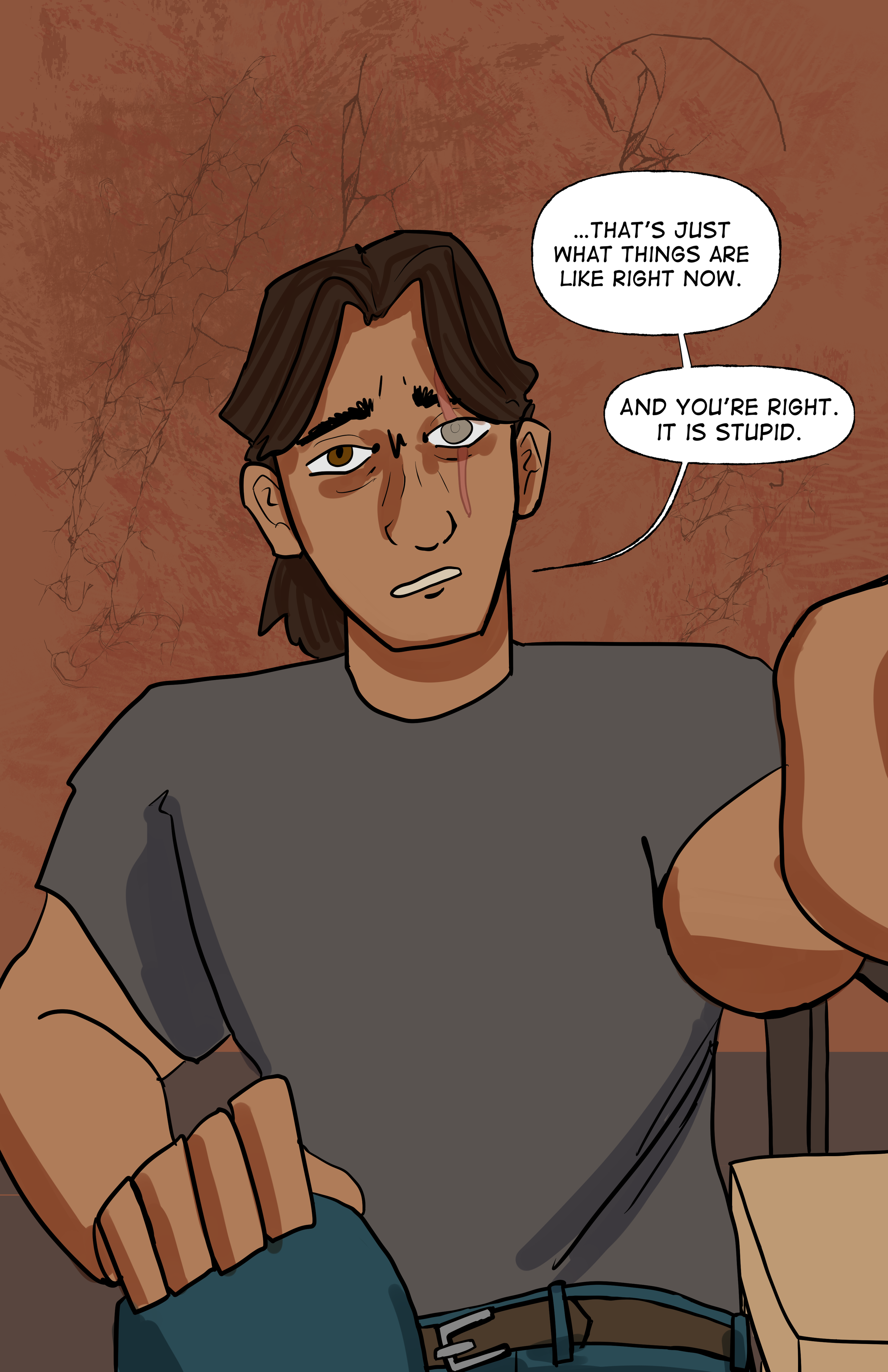 Drawing of a person with brown hair, gray shirt, and a bandage on the nose, sitting at a table with a drink, engaged in conversation.