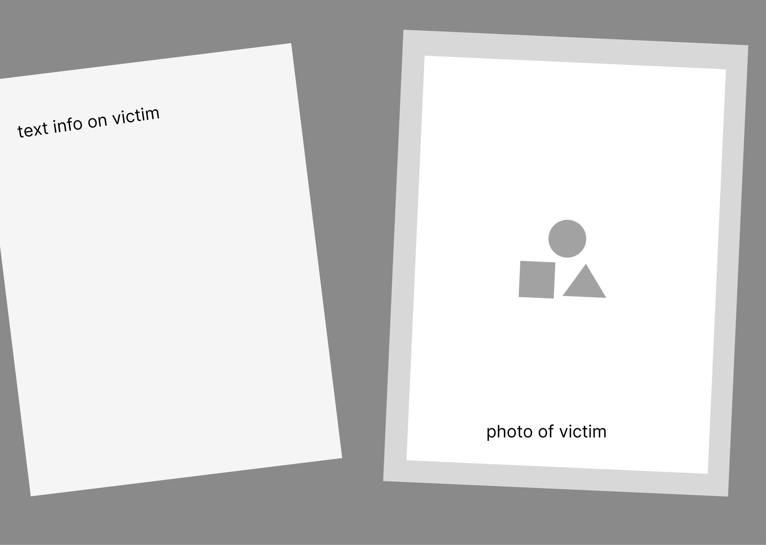 Two photo placeholders, one labeled 'text info on victim' and the other labeled 'photo of victim,' on a gray background.