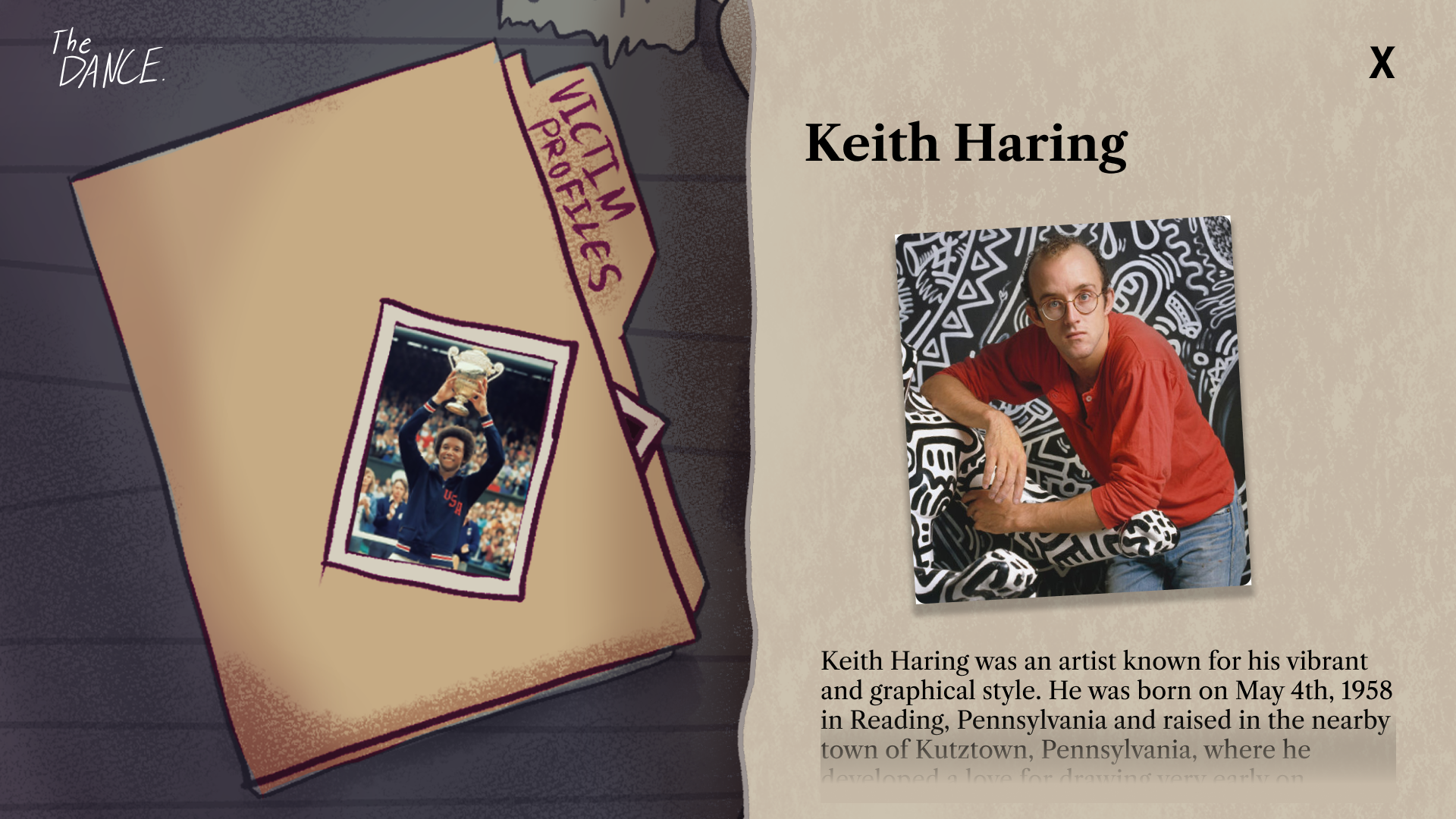 A digital illustration of a scrapbook page featuring a photograph of a man holding a trophy at a sports event, with a background of a crowd. The page is titled "The Dance" and includes a profile of Keith Haring, an artist, with a photo of him in front of a black and white patterned background, wearing a red shirt and glasses.
