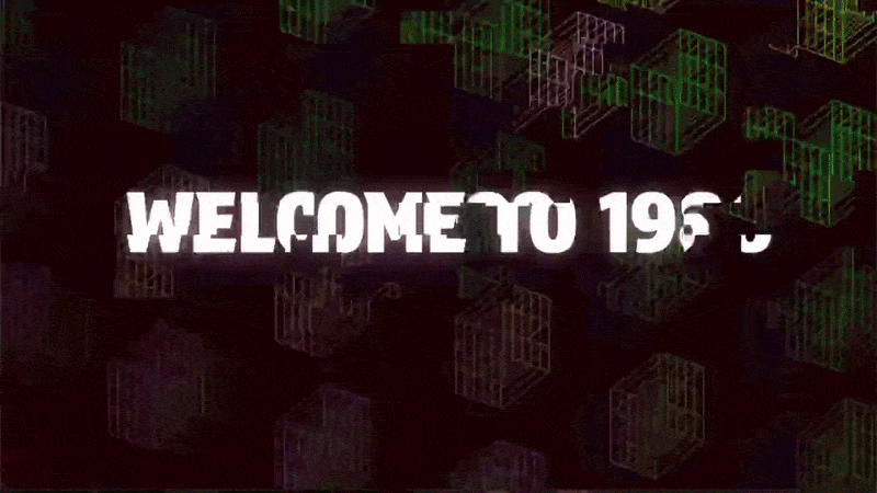 The image shows a background of floating 3D wireframe cubes in green and purple colors with the white text 'WELCOME TO 196'. The text appears to be part of a digital or sci-fi themed display.