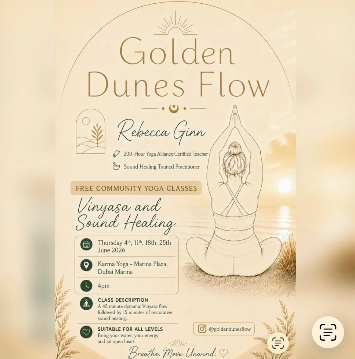 ✨ FREE COMMUNITY YOGA CLASSES ✨

Step away from the rush and join me for an evening of movement, mindfulness and deep relaxation overlooking the marina skyline. 🤍

🧘🏻&zwj;♀️ Vinyasa Flow
🎶 Restorative Sound Healing
📍 Karma Yoga &ndash; Marina Pl