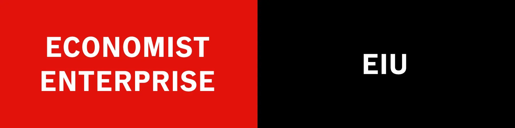 Split image with red background and white text on the left side reading 'Economist Enterprise' and a black background with white text on the right side reading 'EIU'.