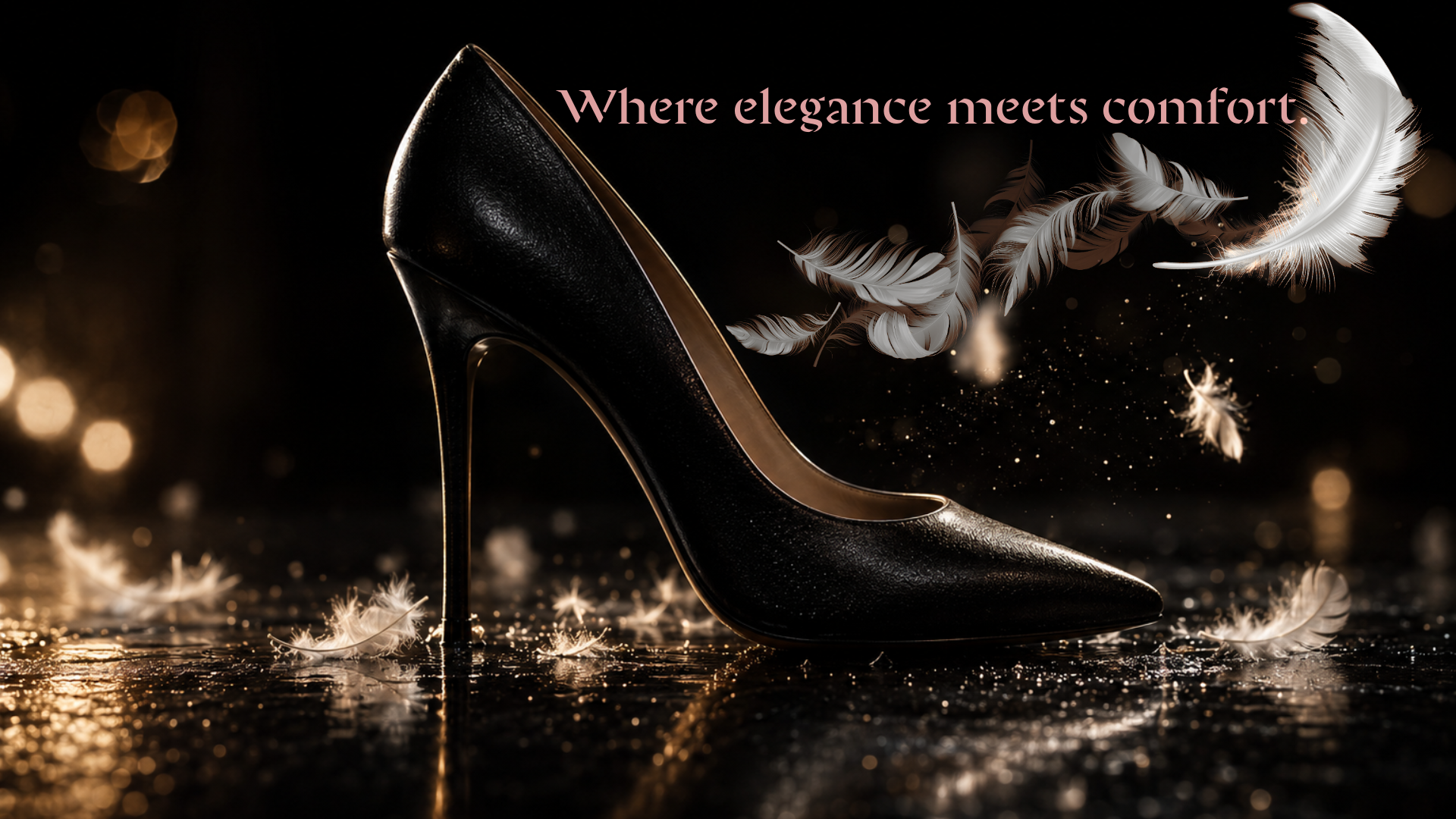 A black high-heeled shoe with feathers floating around it against a dark background with gold bokeh lights and sparkles.
