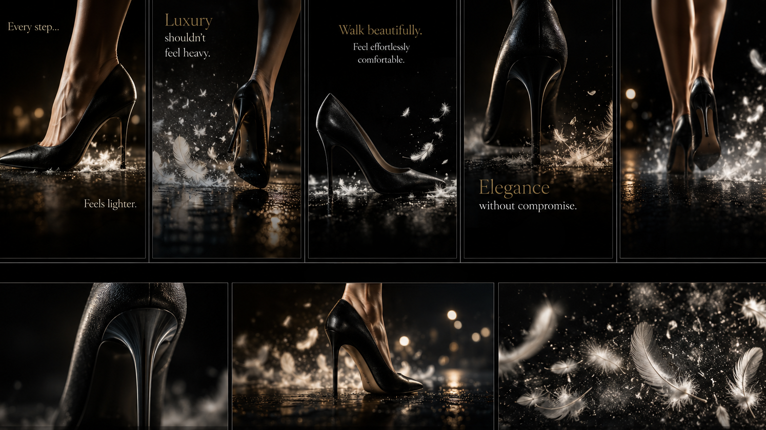 A collage of high-heeled shoes and legs, with a dark, glittery background, highlighting luxury, elegance, and comfort, with feathers and light effects.