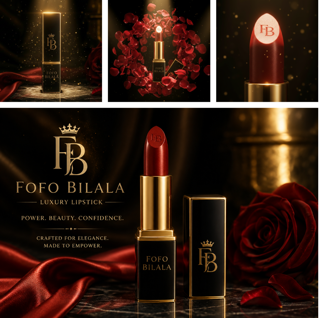 Luxurious red lipstick with gold and black packaging and the FOFO BILALA logo, surrounded by roses and rose petals on a dark, reflective surface.