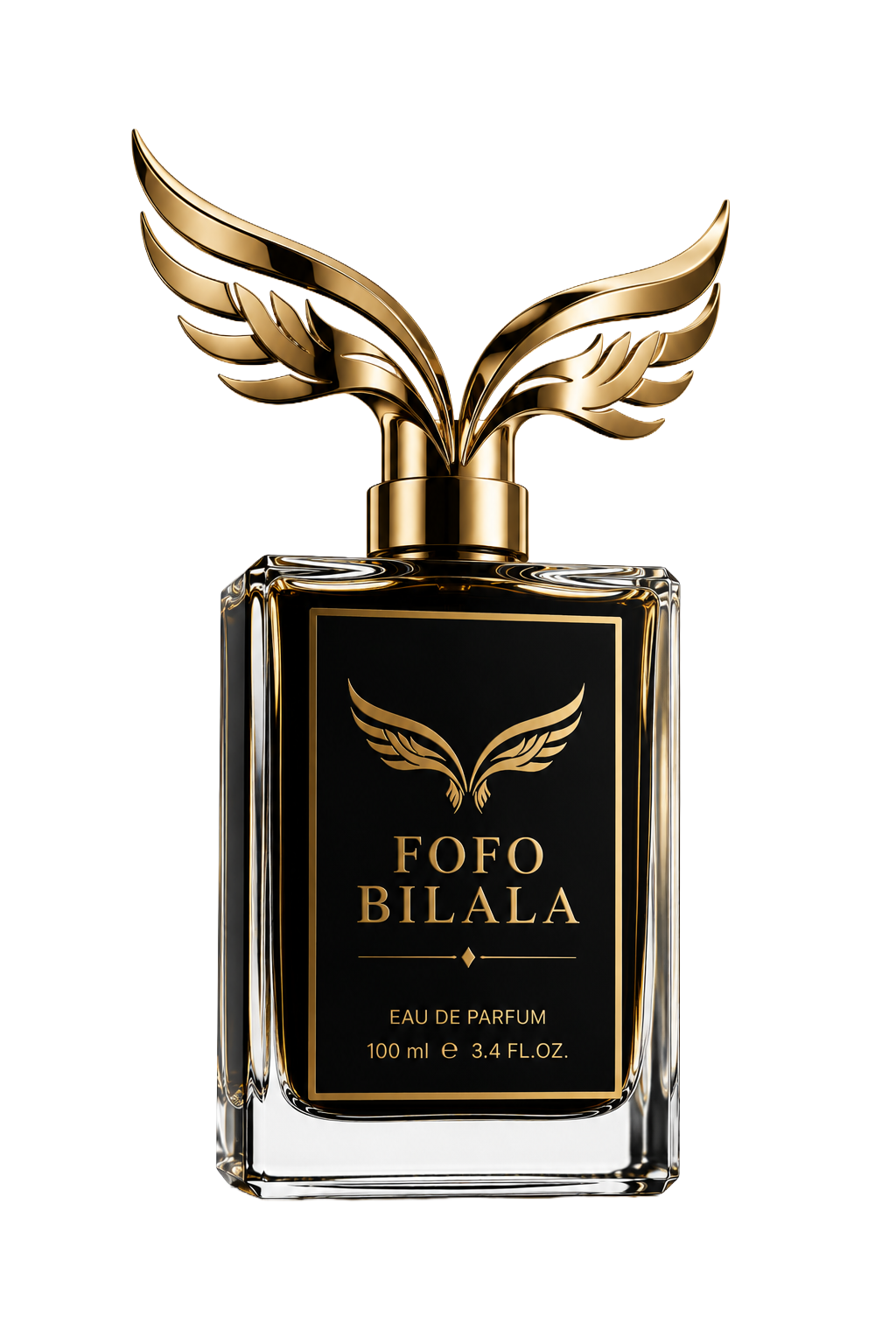 A luxurious perfume bottle with a black label featuring a gold winged logo and gold lettering that reads 'FOFO BILALA'. The bottle has a clear glass body and a gold cap with a decorative gold wing-like ornament on top.
