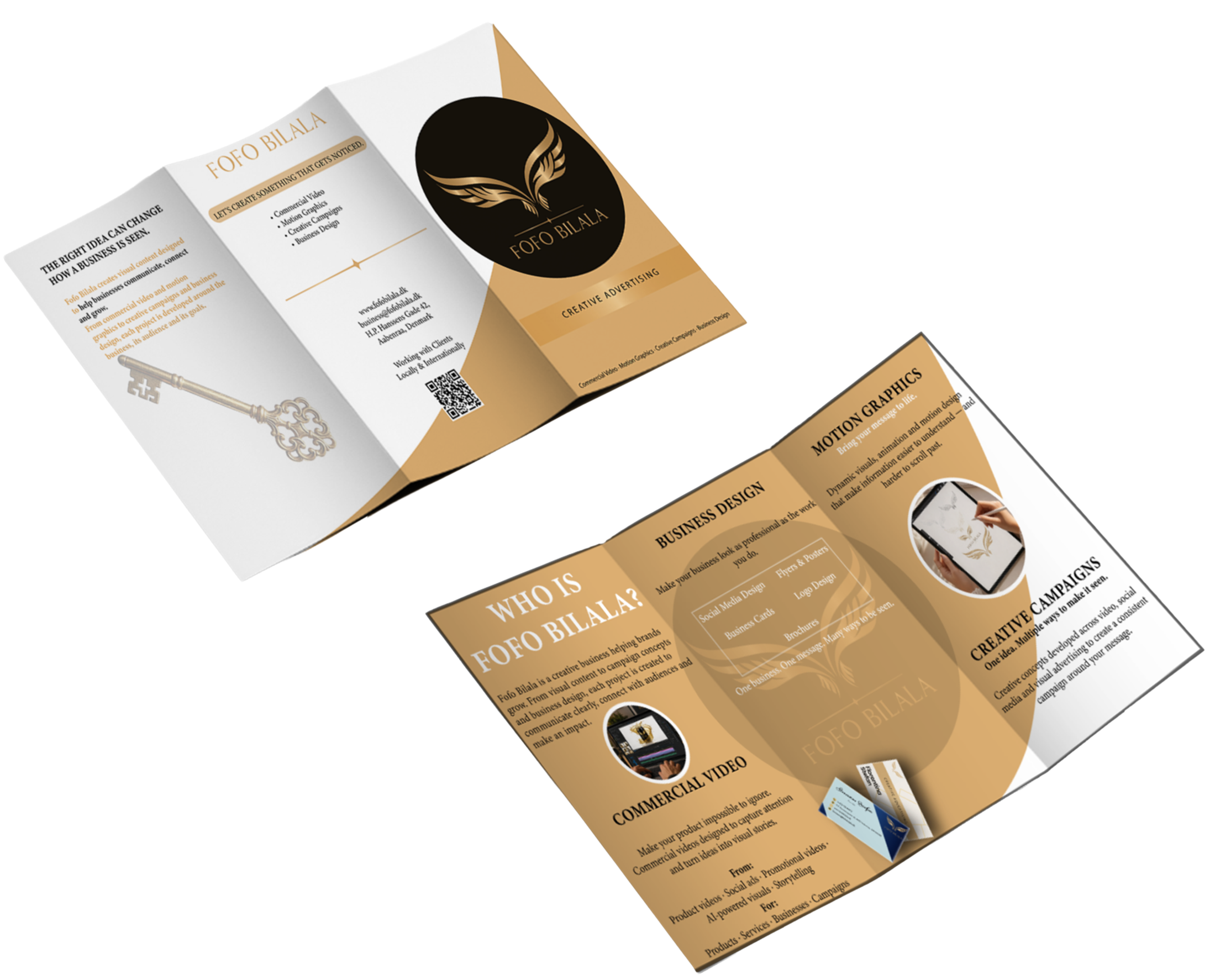Flyers & Posters
Promotional designs created as part of advertising and campaign projects — Open brochure with black and gold logo, gold key graphic, and text about Fofo Bilala, creative advertising services, and marketing strategies.