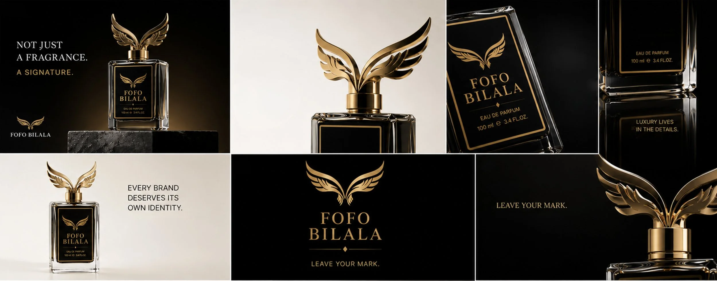 Collage of perfume bottles with gold winged designs, black and gold labels, and logos, accompanied by phrases such as 'Not just a fragrance,' 'Every brand deserves its own identity,' and 'Leave your mark.'