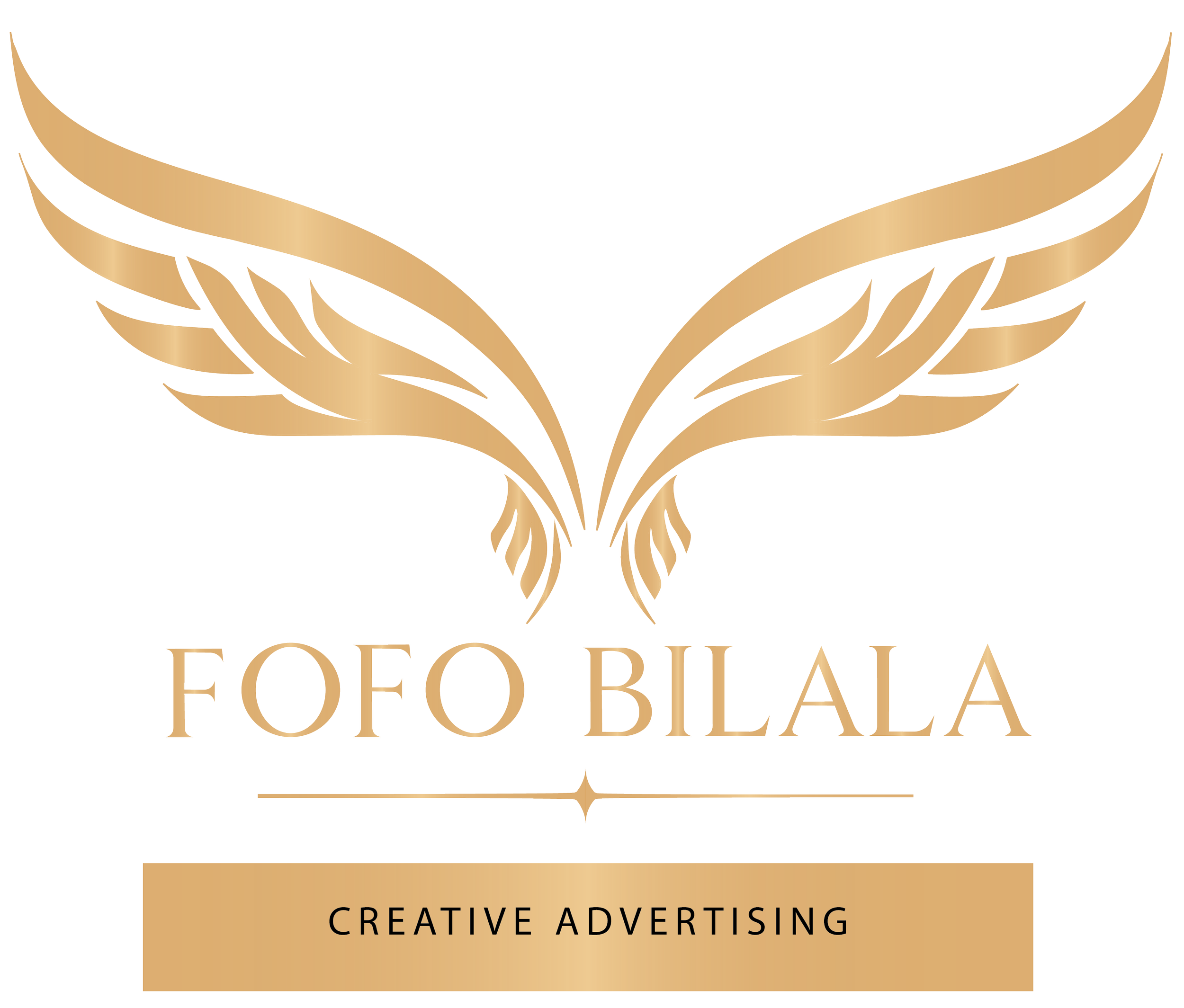 Gold and black logo with a stylized wing design above words 'FOO BIAŁA', and 'CREATIVE ADVERTISING' beneath, with a decorative line dividing the text, representing a branding logo.