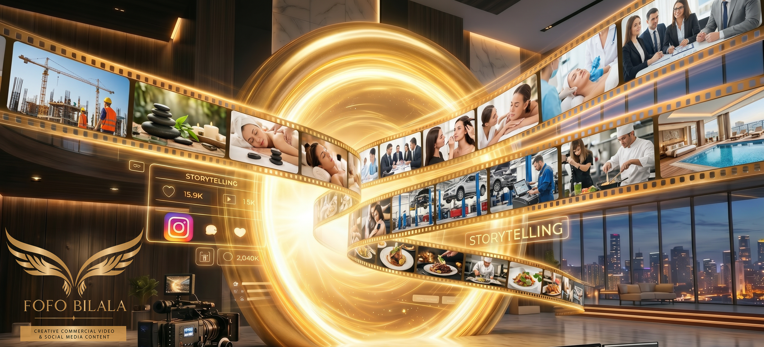 A digital collage features a city skyline at sunset, various scenes of people in different settings such as construction, massage therapy, business meetings, cooking, and cars. Golden swirling light forms a central tunnel with filmstrip borders, with social media icons and the text 'Storytelling' and 'Fofo Bilala Creative Commercial Video & Social Media Content' at the bottom.