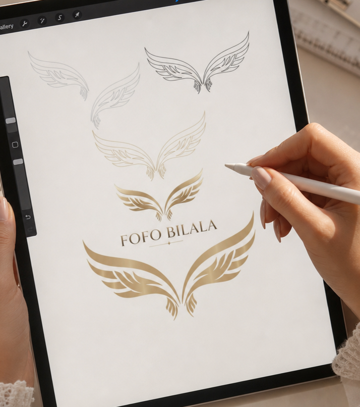 Designing a logo on a tablet with sketch of stylized wings and the text 'FOFO BILALA' in gold color.