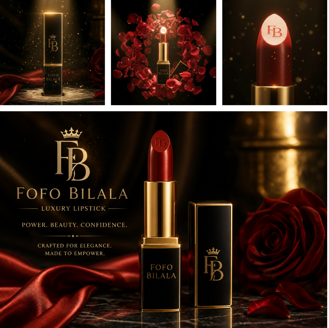 A luxury red lipstick with gold and black packaging by FOFO BILALA, surrounded by roses and rose petals, with a dark and elegant background.