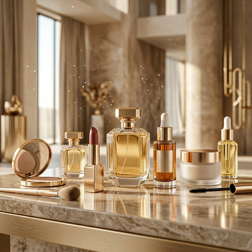 A collection of luxury skincare and makeup products, including bottles, a jar, a lipstick, and brushes, arranged on a marble surface in a well-lit room with gold accents and elegant decor.