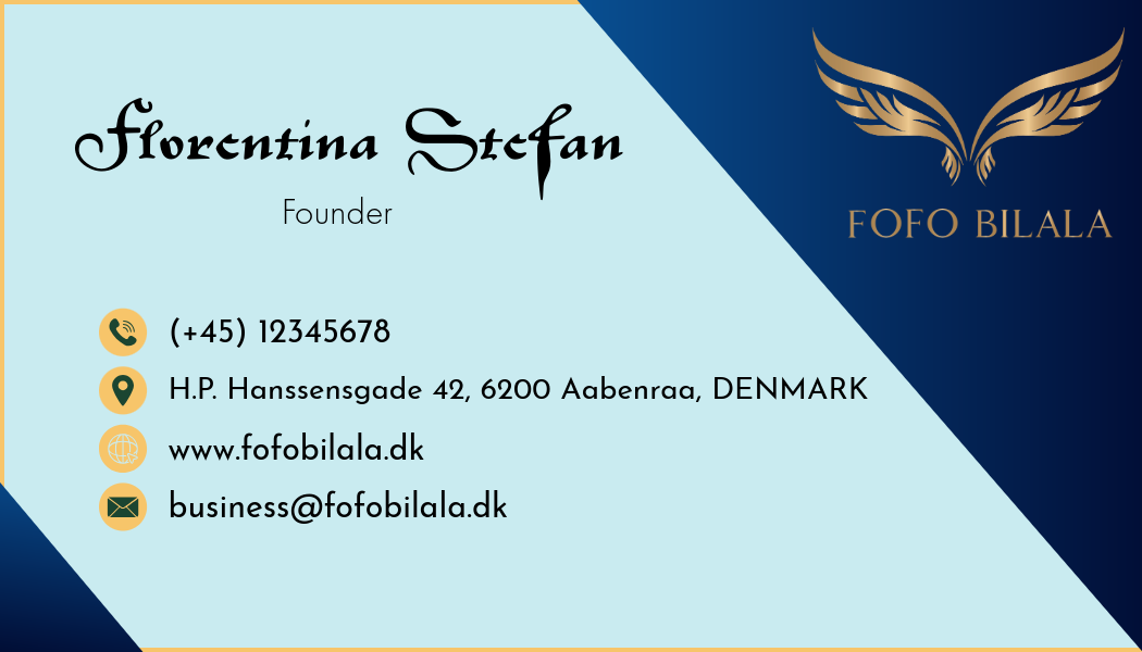 Exemple of Business card, with contact info including phone, address, website, and email and logo. Fofo Bilala Professional business card designs created to strengthen your business identity and provide a consistent brand experience.