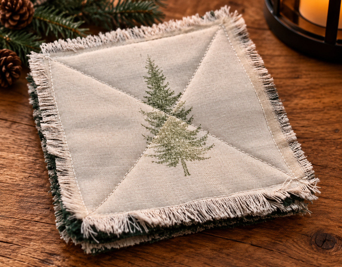 Handmade cream fabric coasters featuring a soft green evergreen tree design, decorative stitching, and frayed edges on a wooden tabletop.