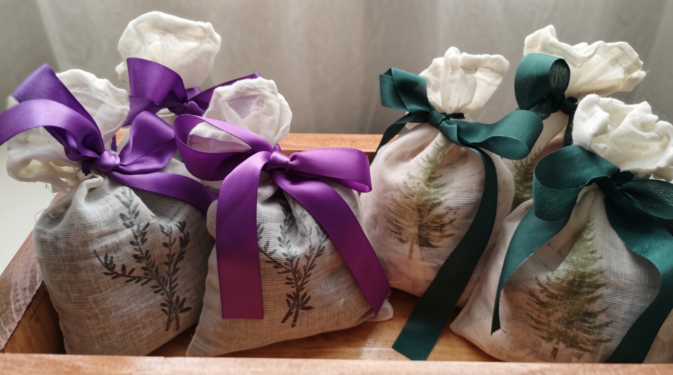 Lavender and Cedar & Balsam Fir scented sachets with purple and green satin ribbons arranged in a wooden tray.