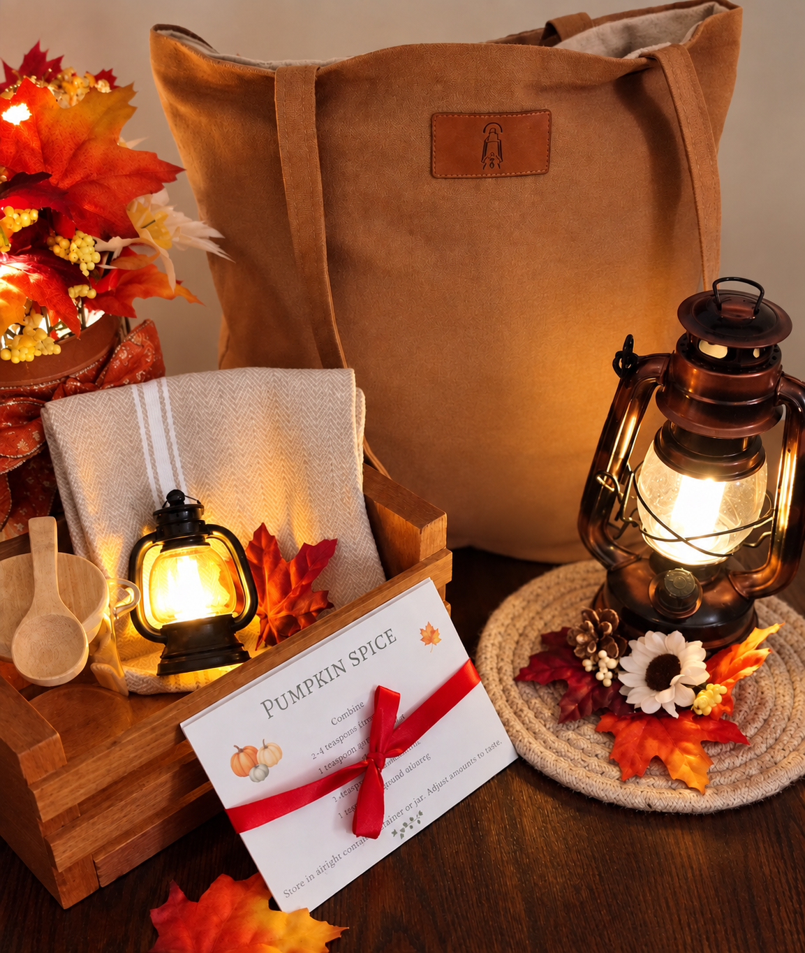 Autumn Afternoon gift collection with handmade nutmeg canvas tote, wooden crate, recipe cards, kitchen accessories and glowing lanterns.