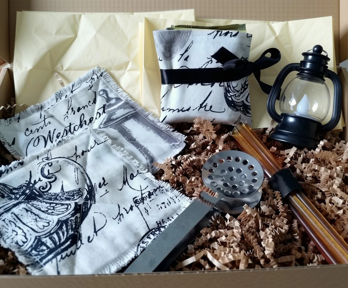 Evening Comfort gift set packaged with handmade coasters, tea pouch, tea squeezer, honey sticks and mini lantern.