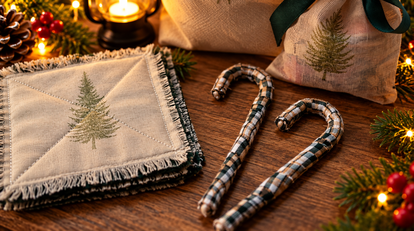 Close-up of handcrafted candy cane ornaments wrapped in green plaid fabric beside handmade fringed coasters and a Christmas gift bag.