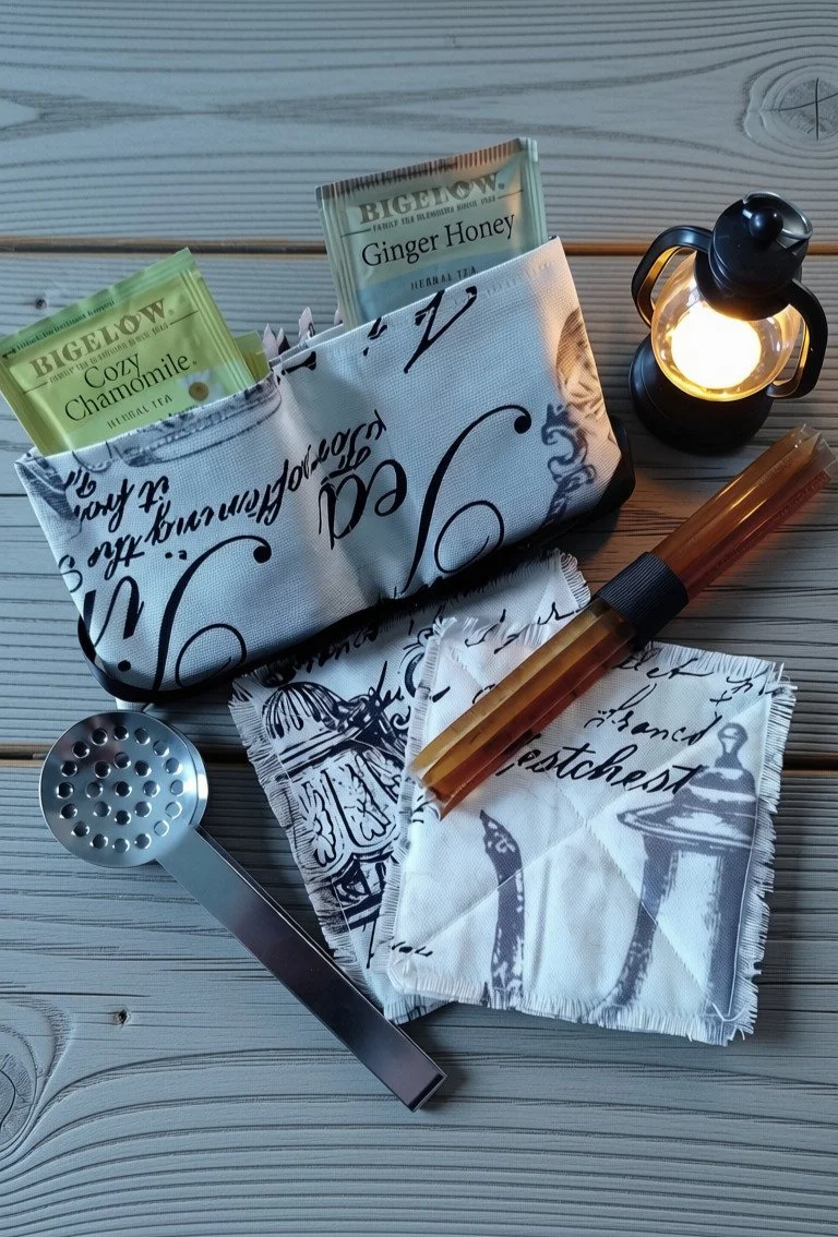 Evening Comfort gift set with herbal tea pouch, handmade coasters, honey sticks, tea squeezer and glowing mini lantern.