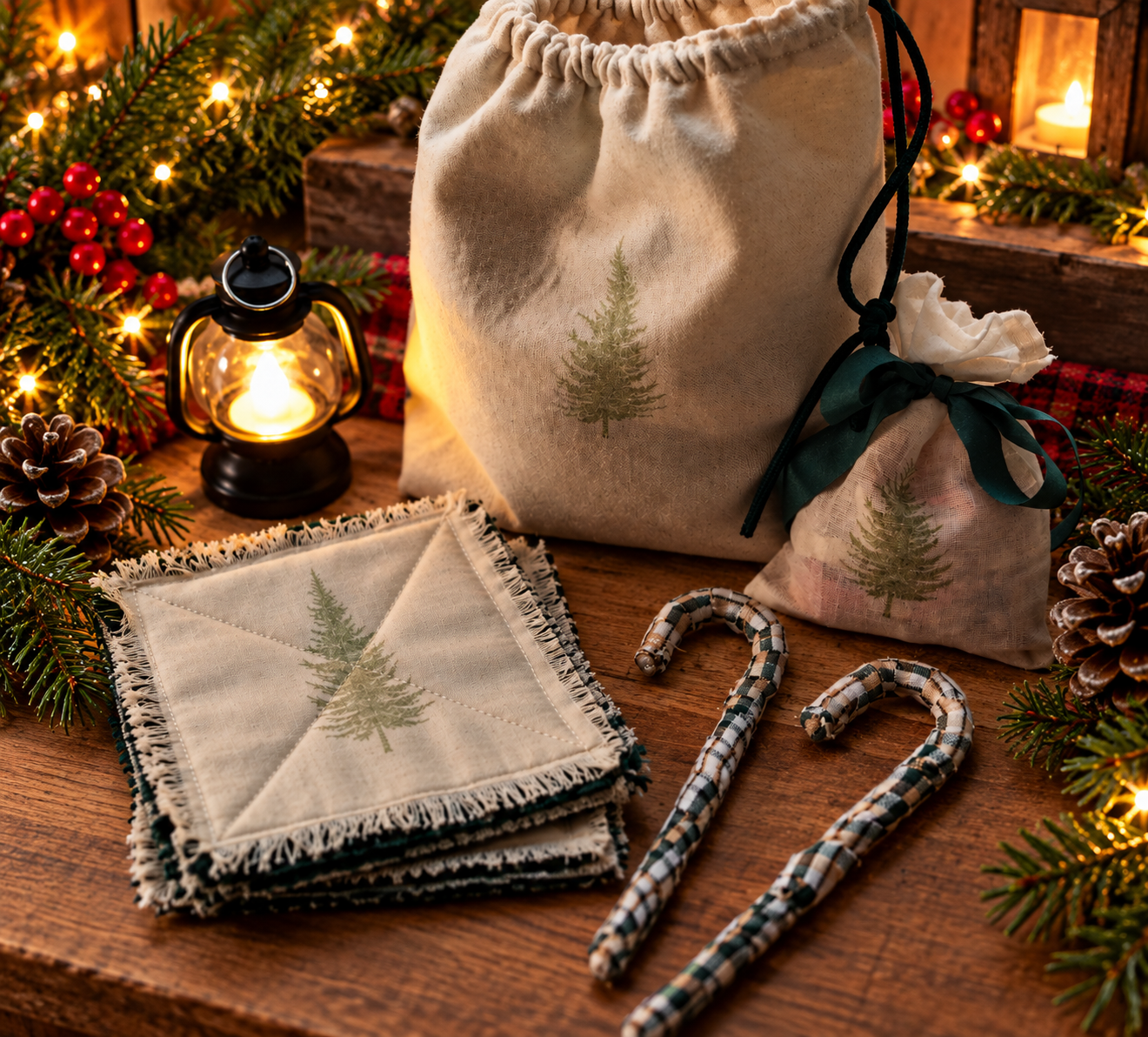 Christmas in a Bag gift collection featuring a handmade drawstring bag, evergreen-embroidered coasters, fabric-wrapped candy canes, cedar and balsam sachet, and miniature lantern.