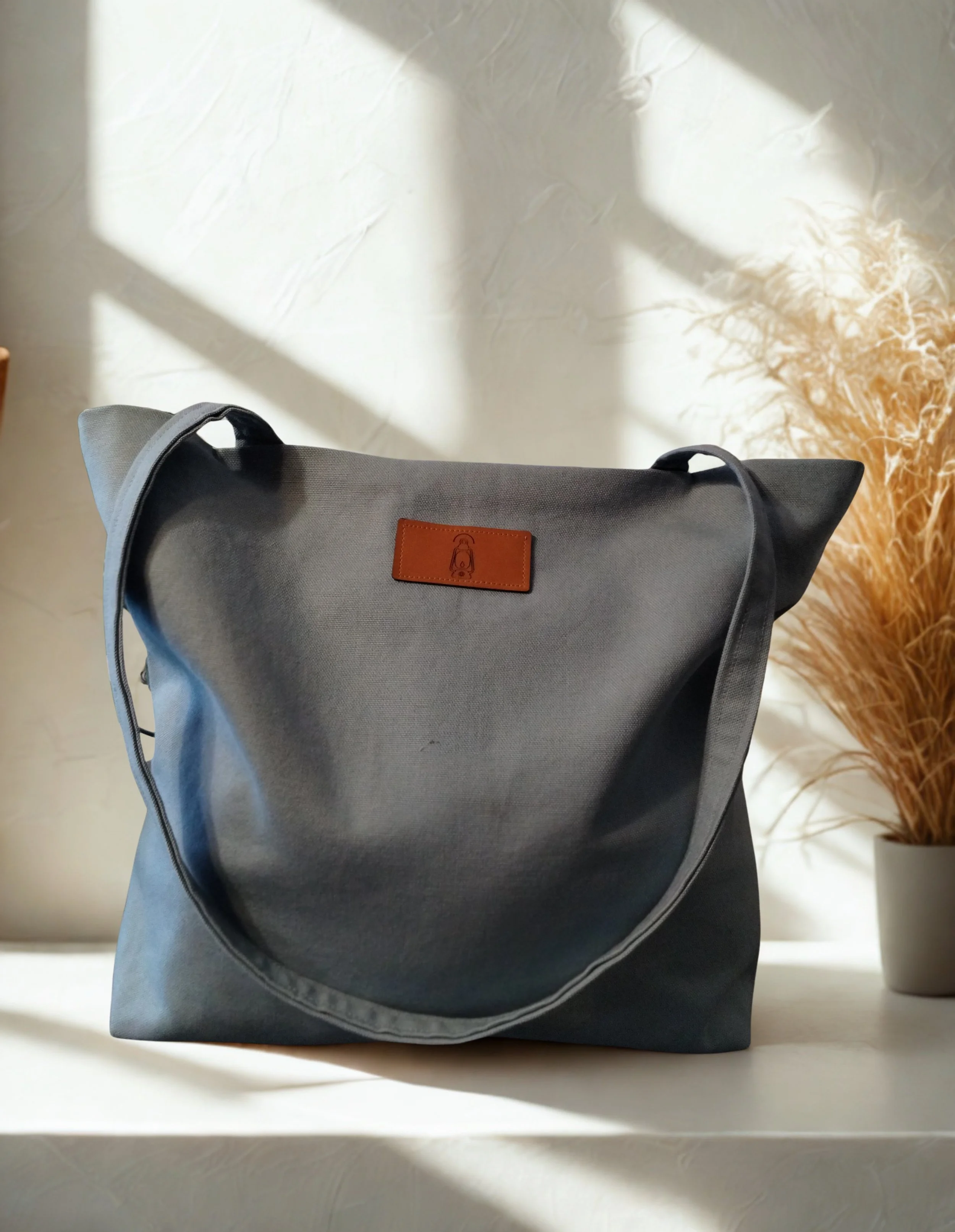 Dusty blue handmade duck canvas tote bag with leather lantern label and long shoulder straps